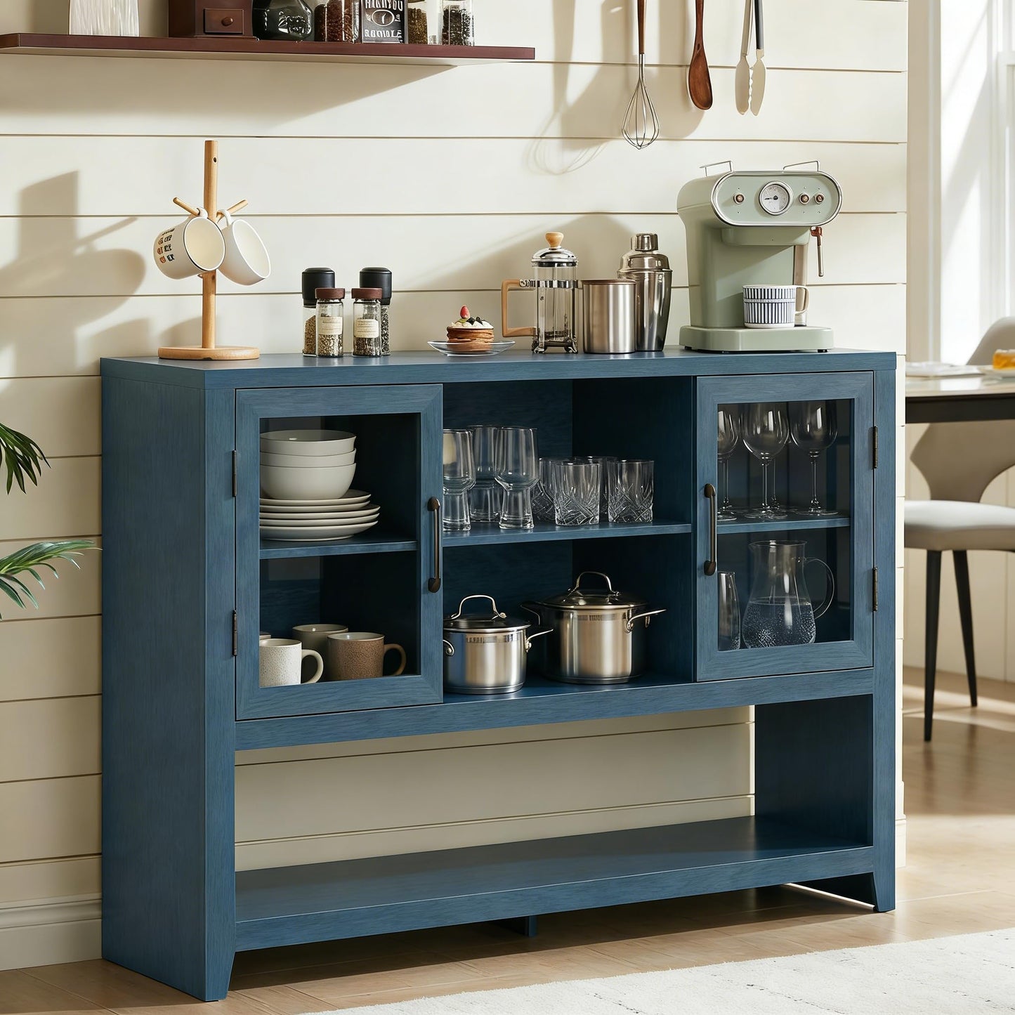 GarveeHome 53 Inch Storage Cabinet Sideboard Buffet Cabinet with 3 Shelves and 2 Glass Doors, Coffee Bar Storage Cabinet, Modern Mid CenturyCoffee Bar Cabinets for Living Room, Kitchen, Entryway