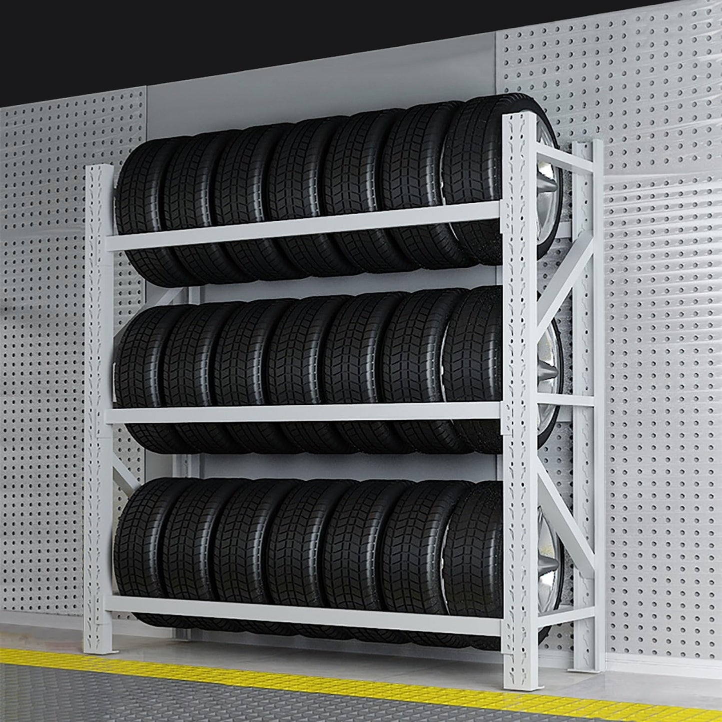 AOCDNEK Tire Rack, 3 Tiers Adjustable, 1100lb Load Capacity, for Garage, Auto Repair Shop, White(78.7x23.6x78.7in)