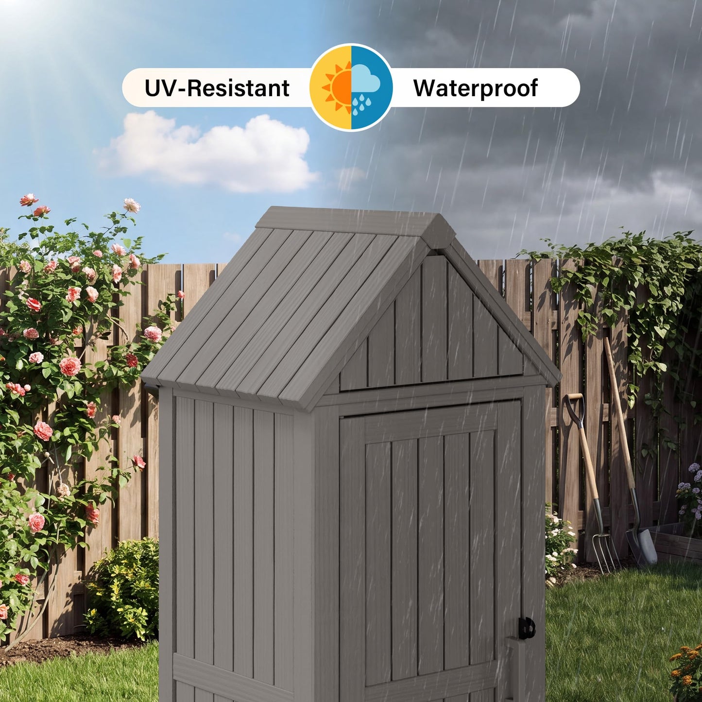 Bifanuo Deck Box Storage Shed Outdoor Storage Cabinet, Vertical Waterproof Resin Material Plastic Shed with Removable Shelves, 12 Hooks and Lock Ring for Garden, Pool and Patio (Classic Grey)