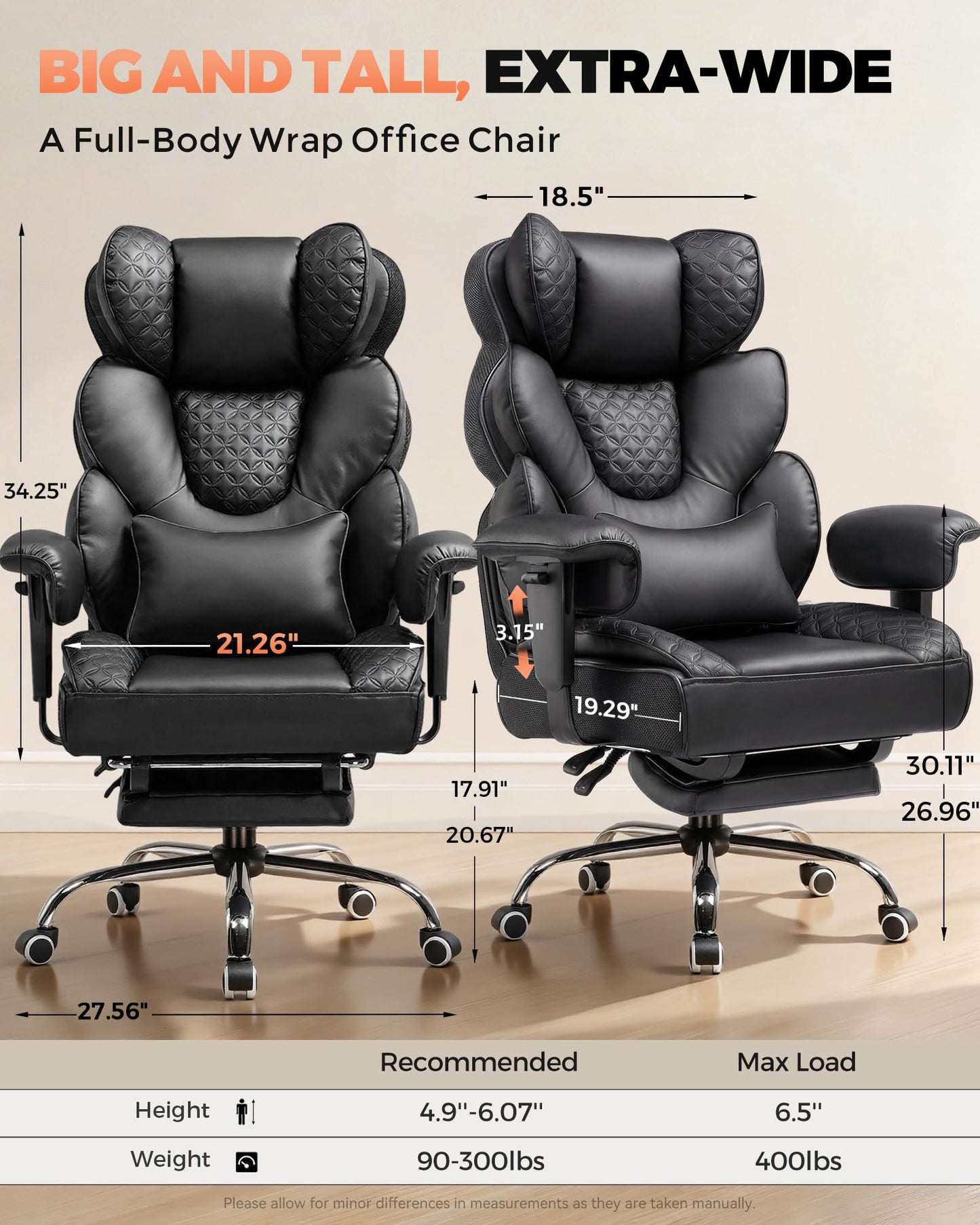COMHOMA Big and Tall Office Chair with Upgrade Footrest, Heavy Duty Gaming Chair High Back Executive Chair with Spring Lumbar Support for Lower Back Pain Relief, 150°Reclining Adjustable Armrests