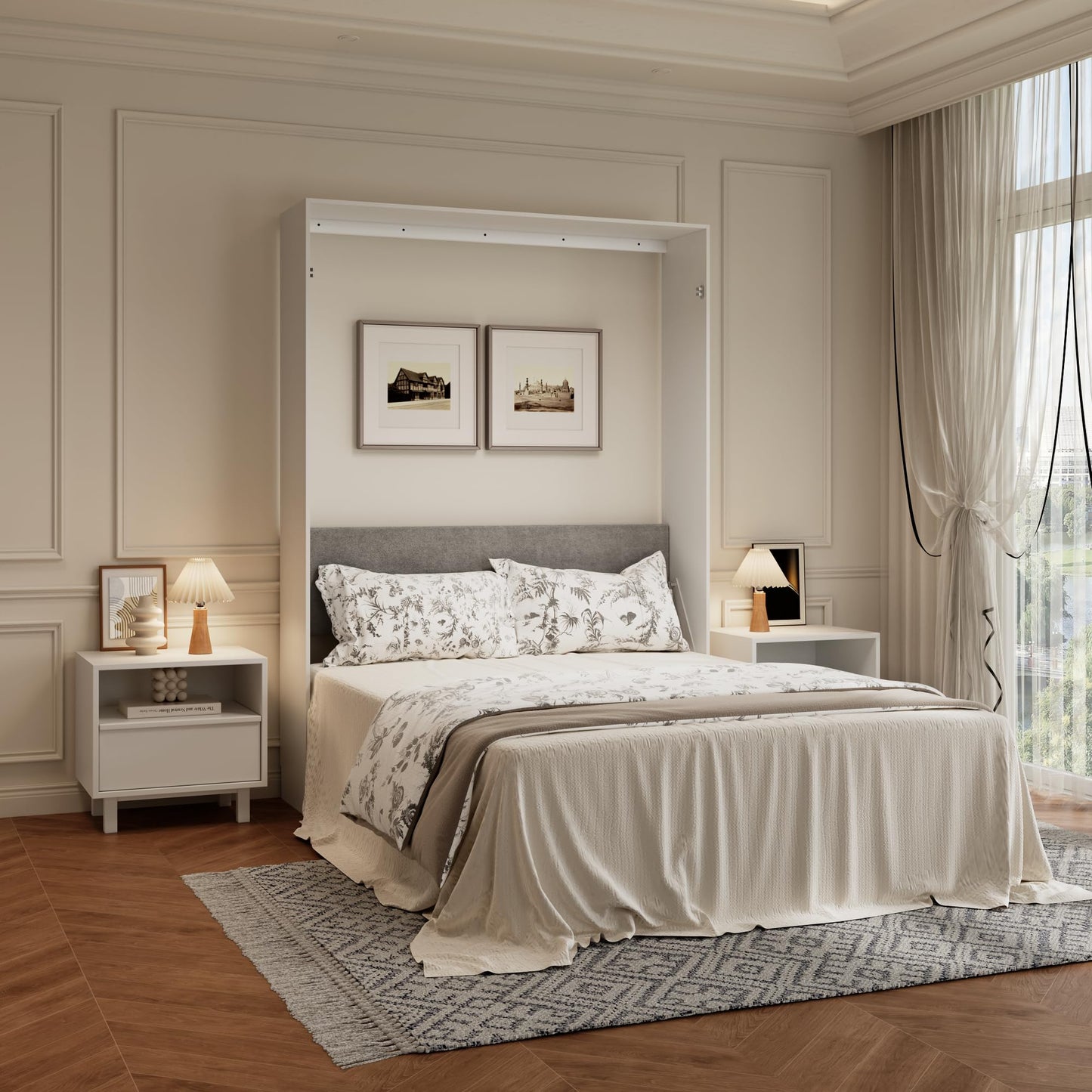 Jiaoun Queen Murphy Bed,Farmhouse Guest Beds,Folding Wall Bed with Hydraulic Bar,64" W Twin Murphy Beds for Small Spaces/Offices/Apartments/Guest Room,White