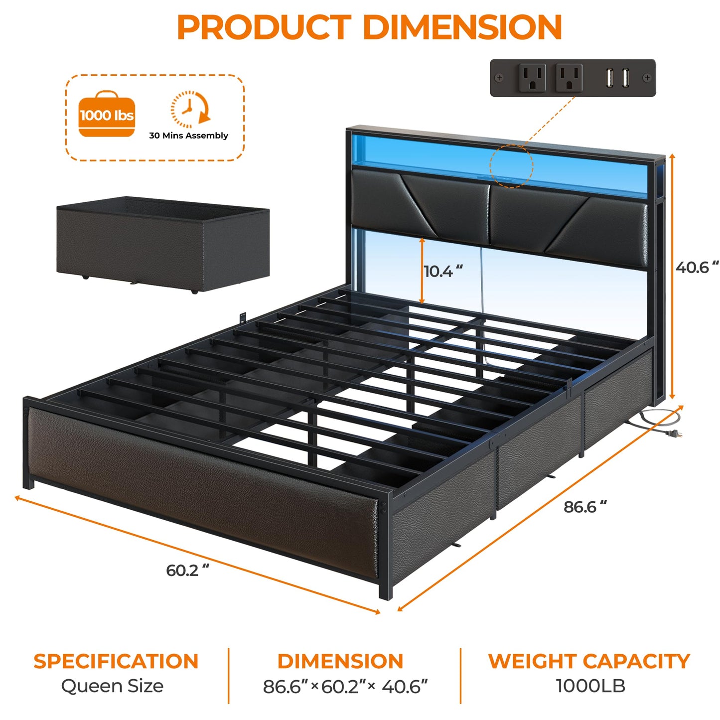 OURPIC Queen Bed Frame, 2-Tier Storage Headboard & 6 Fabric Drawers, PU Leather Upholstered Queen Size Platform Bed with Charging Station and LED Lights, No Box Spring Needed, Noise Free
