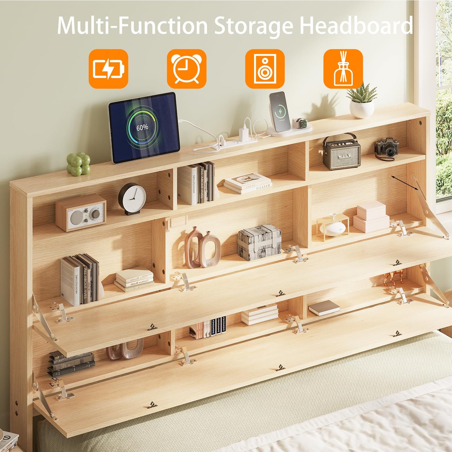 VINGLI Queen Rattan Bed Frame with Storage Headboard and Charging Station,Boho Bed with Shelves and Bench, Modern Wood Platform Bed,No Box Spring Needed, Space Saving Design for Bedroom