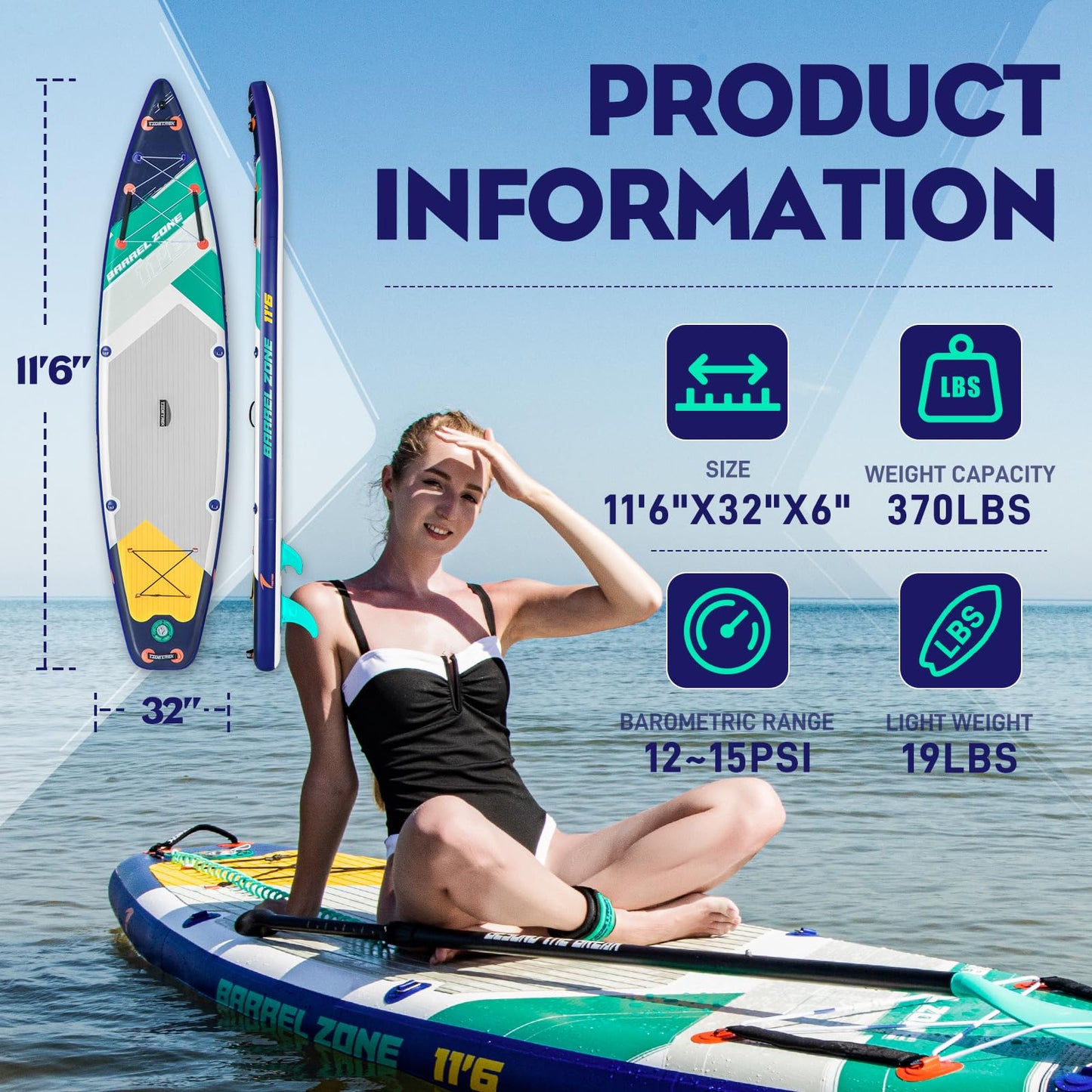 TIDETREK 11'6" Inflatable Stand Up Paddle Boards, Premium SUP Accessories, Non-Slip Comfort Deck for Youth & Adults (Ocean Sunrise/Kayak Seat)