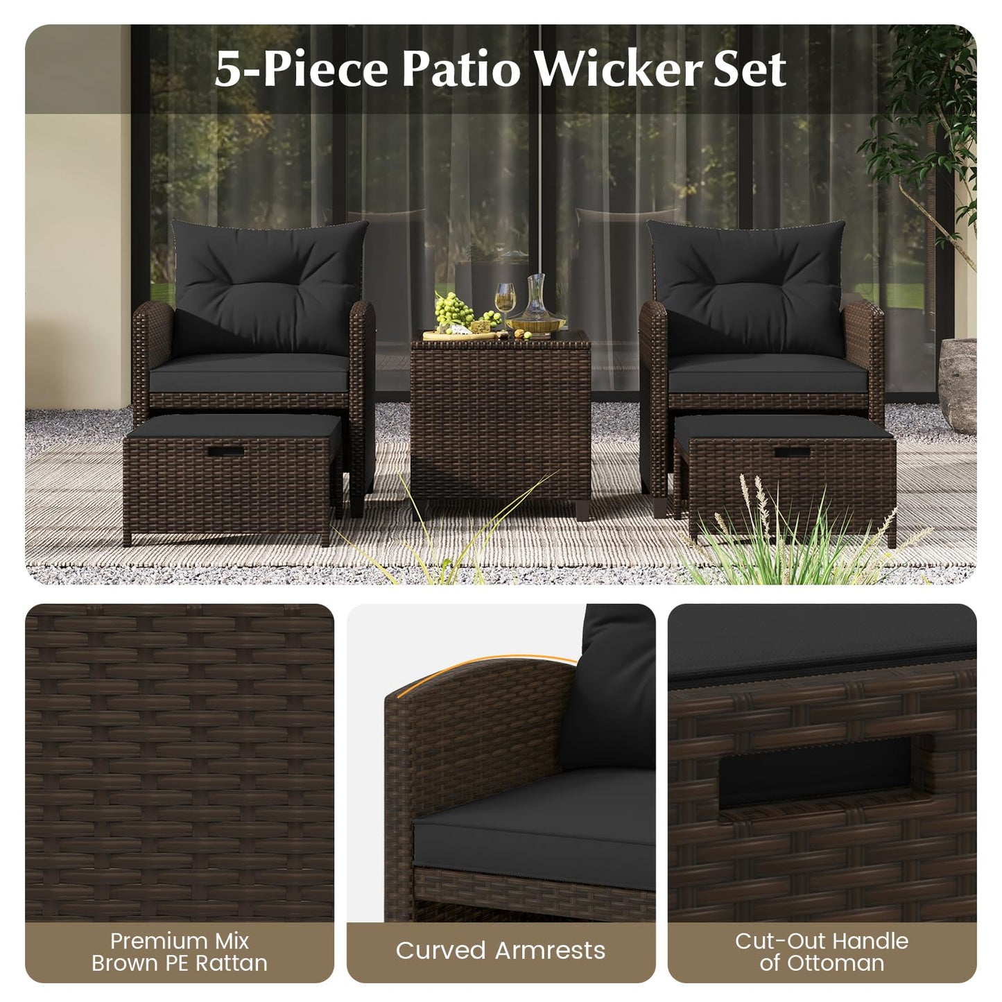 Tangkula 5 Pieces Patio Conversation Set, PE Wicker Rattan Outdoor Furniture Set with 2 Chairs, 2 Ottomans & Tempered Glass Coffee Table, Ideal for Poolside, Backyard, Lawn, Deck, Mix Brown & Black