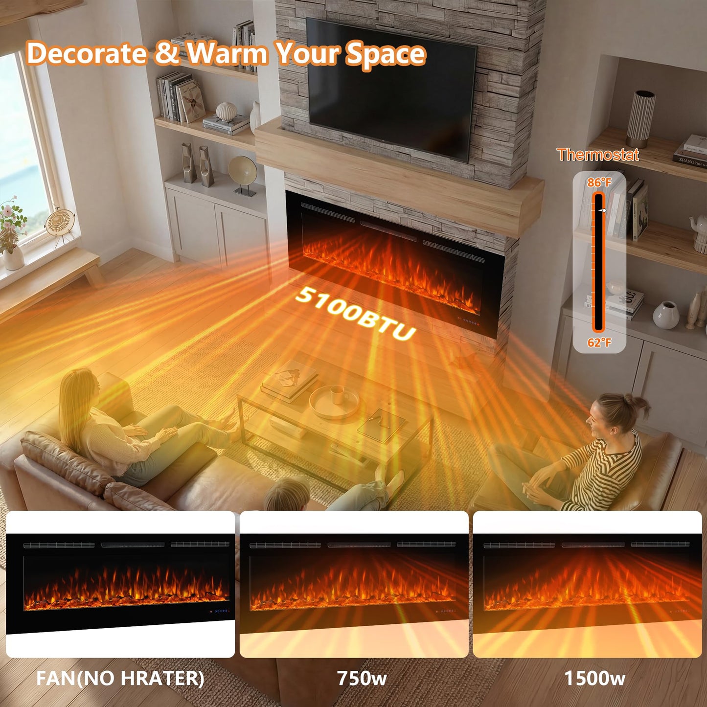 Dreamflame Electric Fireplace 40 inch Wide 26.5" High, Wall-Mounted & Recessed Fireplace Inserts, Multicolor Flame w/5 Dimmer, Remote Control Thermostat, Timer, Hardwire Connect, 1500W,Black