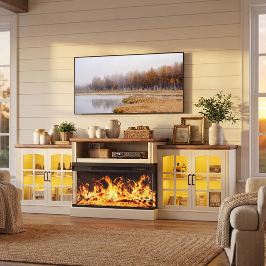 97" Farmhouse Fireplace TV Stand for TVs Up to 100", Entertainment Center with 36" 3-Sided Glass Electric Fireplace, 12 Flame Colors & LED Light Modes, Media Console for Living Room, White