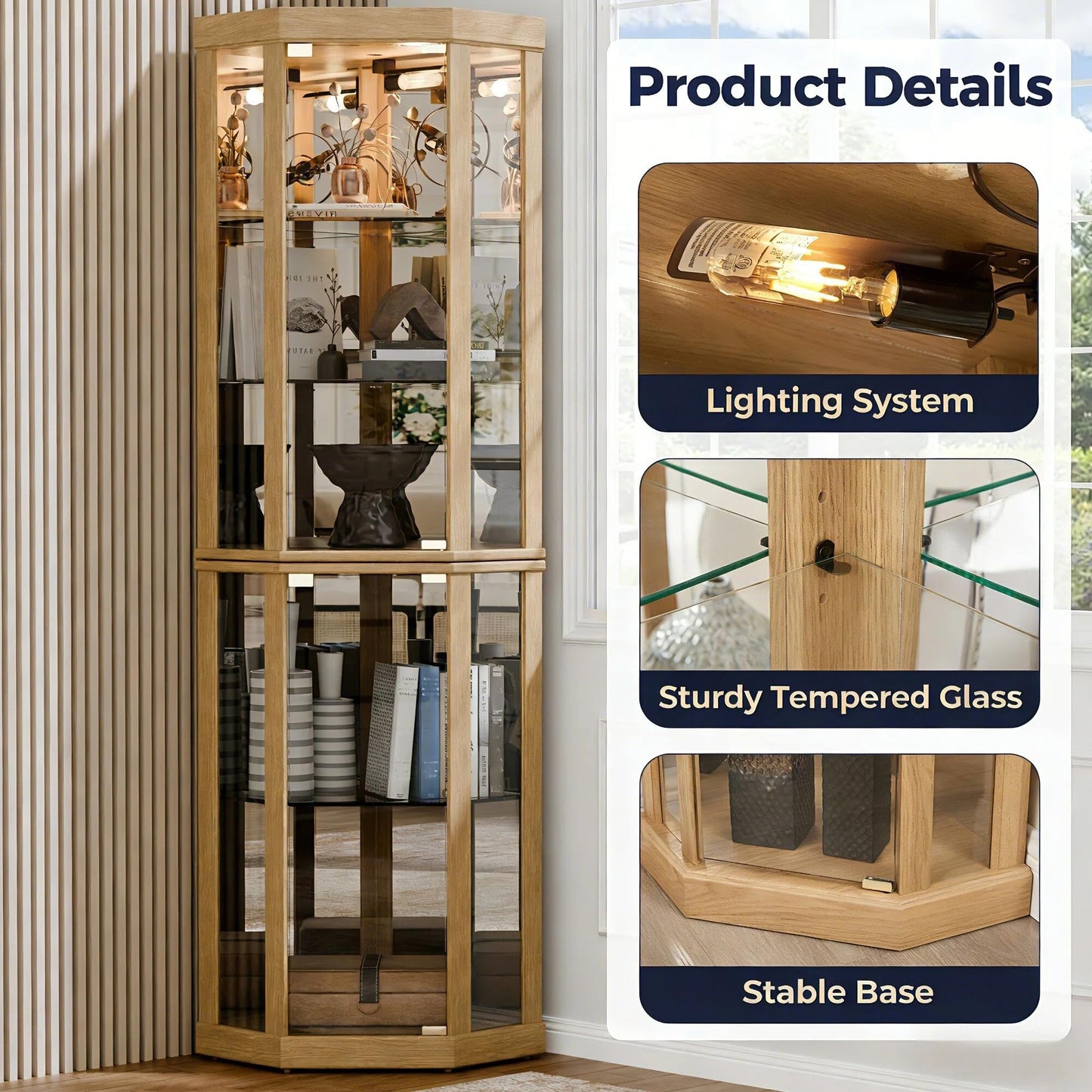 Topcomfy Corner Curio Cabinet, Lighted 3-Side Glass Display Curio Cabinet with Tempered Glass Doors & Adjustable Shelves, Wine Bar China Cabinet with Bulb for Living Room (Light Oak)
