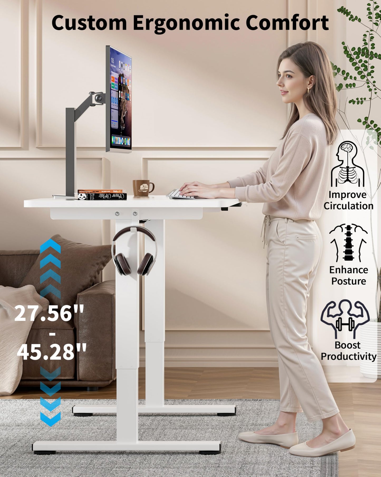 Okin Electric Standing Desk, 40 x 24 Inches Whole Piece Height Adjustable Desk, White Sit to Stand Desks Computer Workstation with Wheels for Home Office