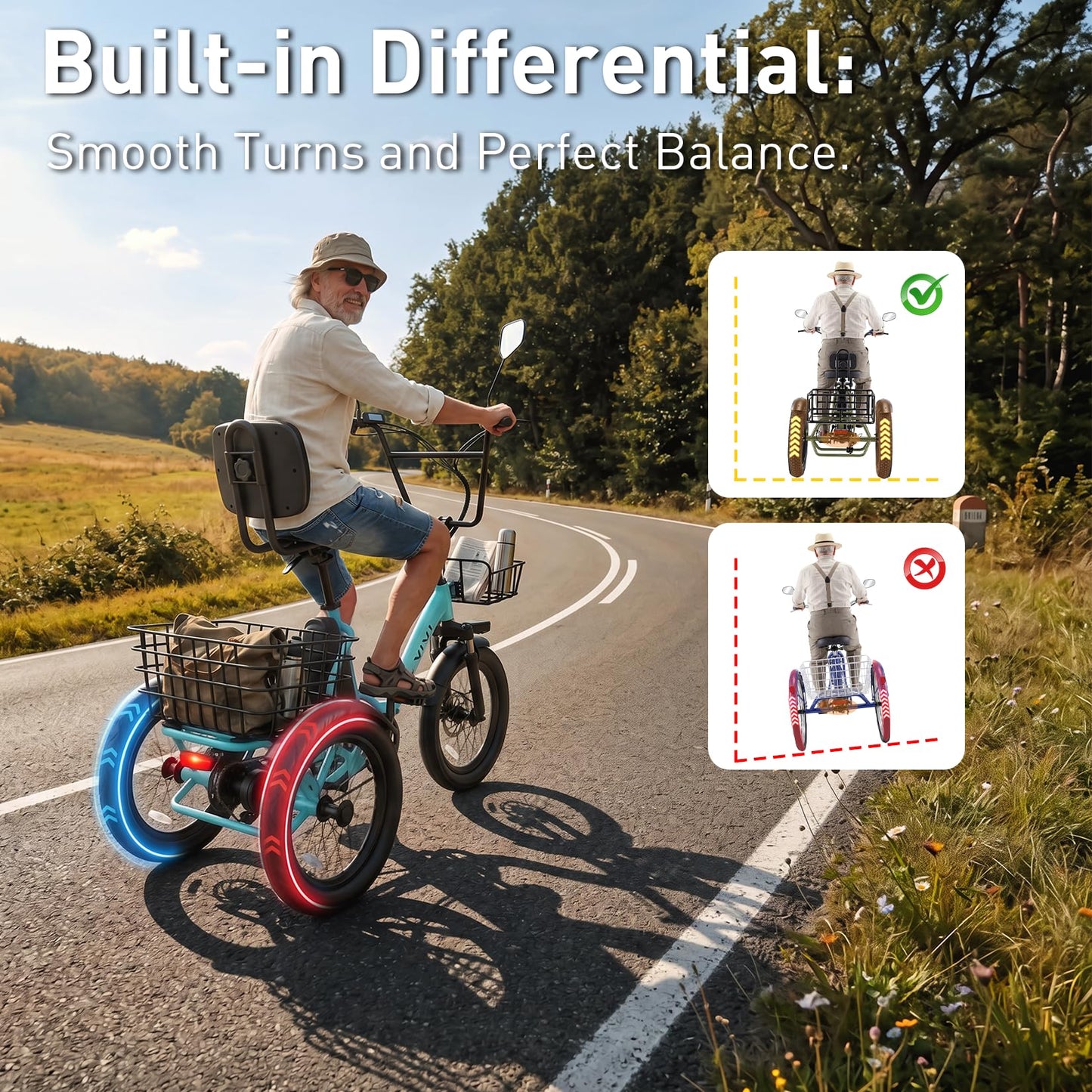 Vivi Electric Tricycle for Adults, Folding Fat Tire 3 Wheel E-Trike, 350W Motor, UL2849 48V 10.4Ah Removable Battery, Step-Thru Frame with Parking Brake, Differential and Front & Rear Baskets
