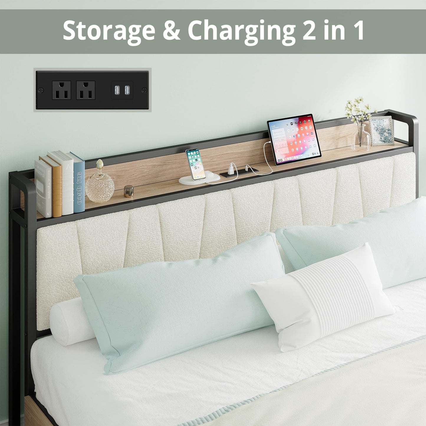 LIKIMIO California King Bed Frame with 4 Storage Drawers, Platform Bed with Charged Headboard, Sturdy and Stable, No Noise, No Box Spring Needed, Easy to Install, Wood and Cream