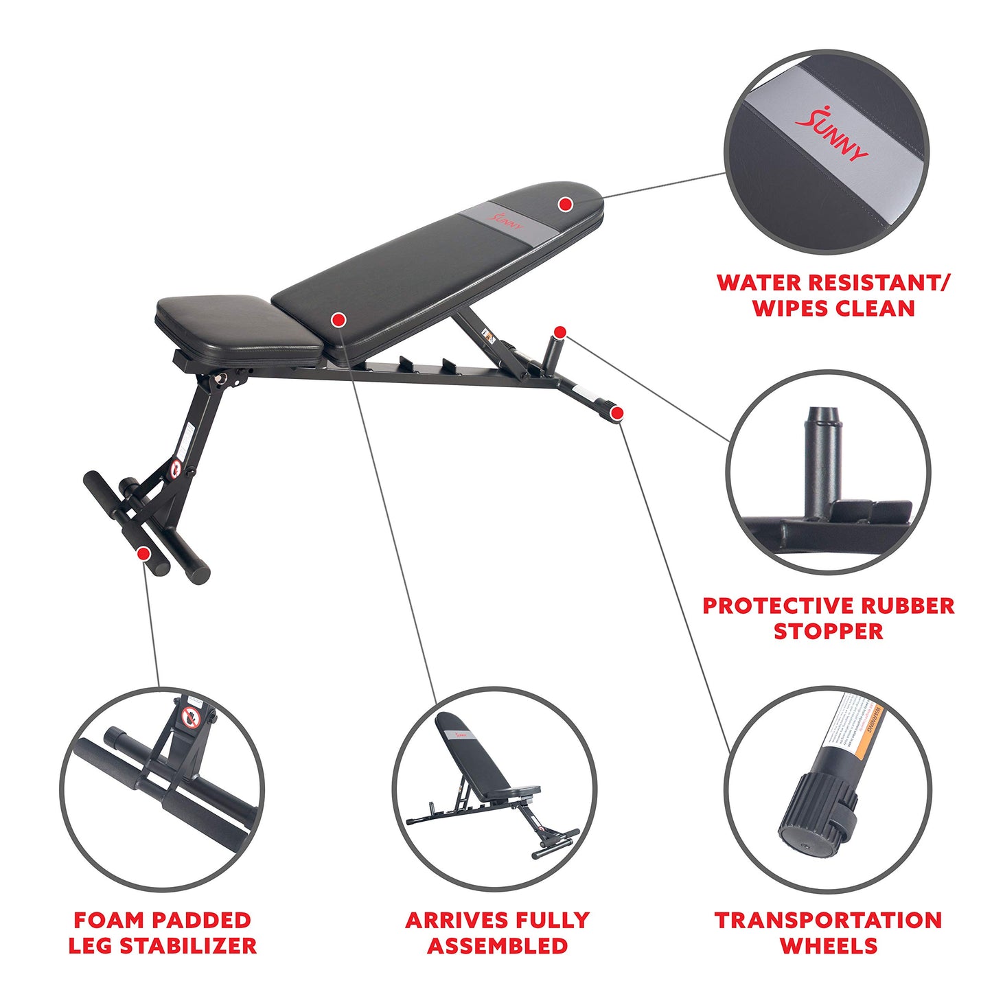 Sunny Health & Fitness Adjustable Weight Bench, Advanced, Incline/Decline, 760 lb Capacity, Multi-Position, Home Gym Strength Training, SF-BH6921