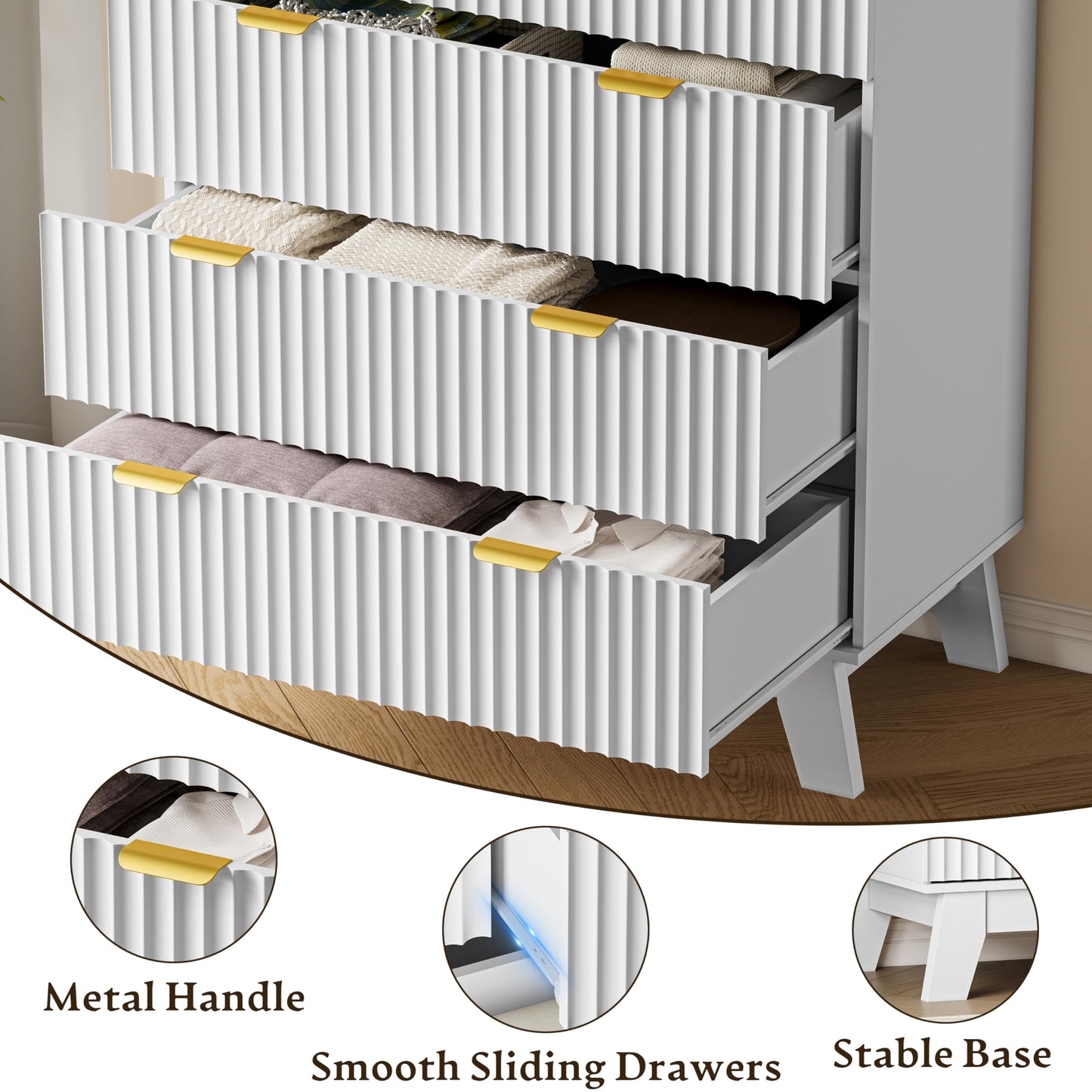 BORNOON 46" Tall Dresser for Bedroom, 6-Drawer Fluted Chest of Drawers, Modern Wood Highboy with Deep Storage, Metal Slides and Handles, Anti-Tip Kit, Vertical Clothes Organizer for Apartment, Nursery