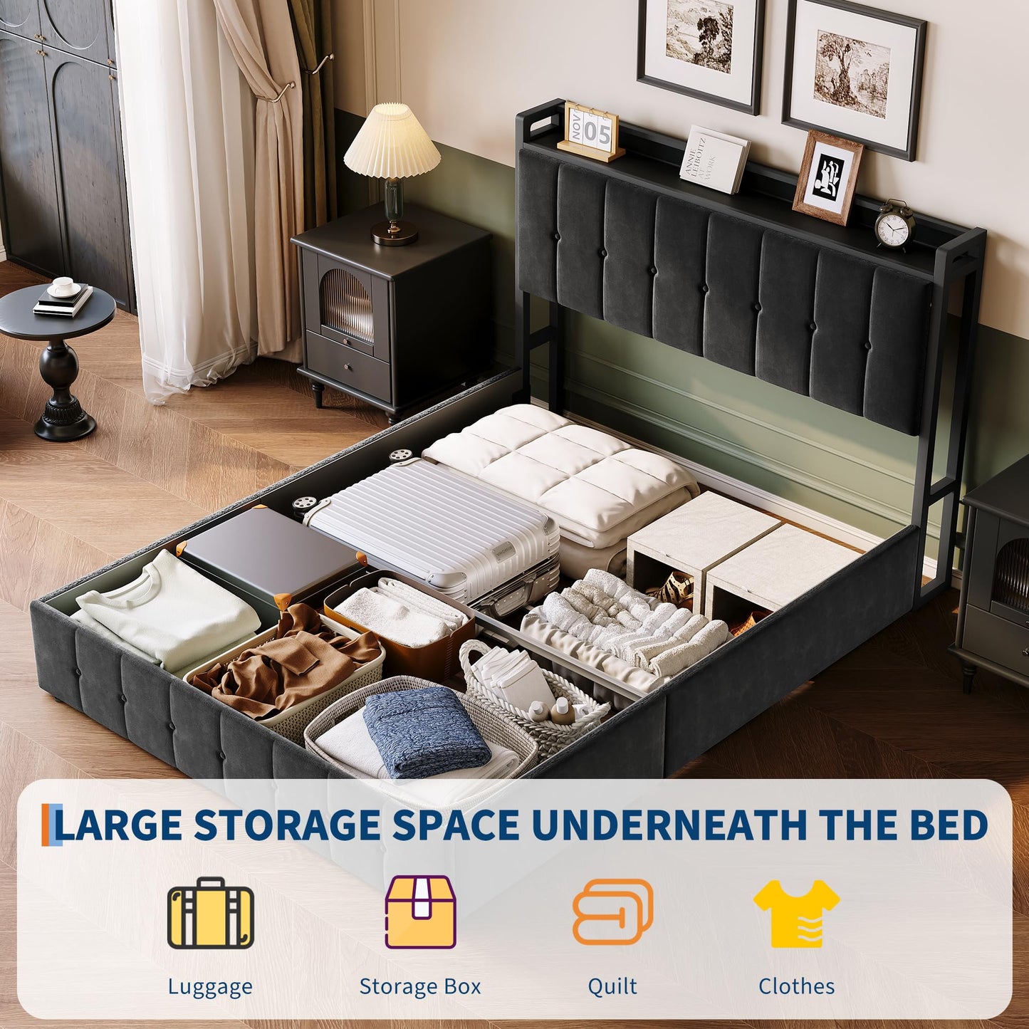 IDEALHOUSE Full Bed Frame with Lift Up Storage, Upholstered Velvet Bed with Storage Headboard, Metal Platform Bed, Button Tufted Headboard, No Box Spring Needed, Solid Wooden Slats, Black