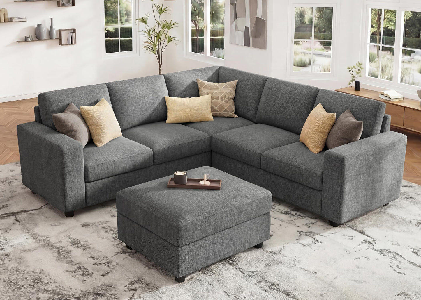 HONBAY Sectional Couch with Storage L-Shaped Sectional Couches for Living Room 6 Seater Sectional Sofa, Light Grey