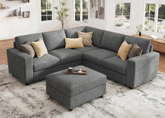 HONBAY Sectional Couch with Storage L-Shaped Sectional Couches for Living Room 6 Seater Sectional Sofa, Light Grey