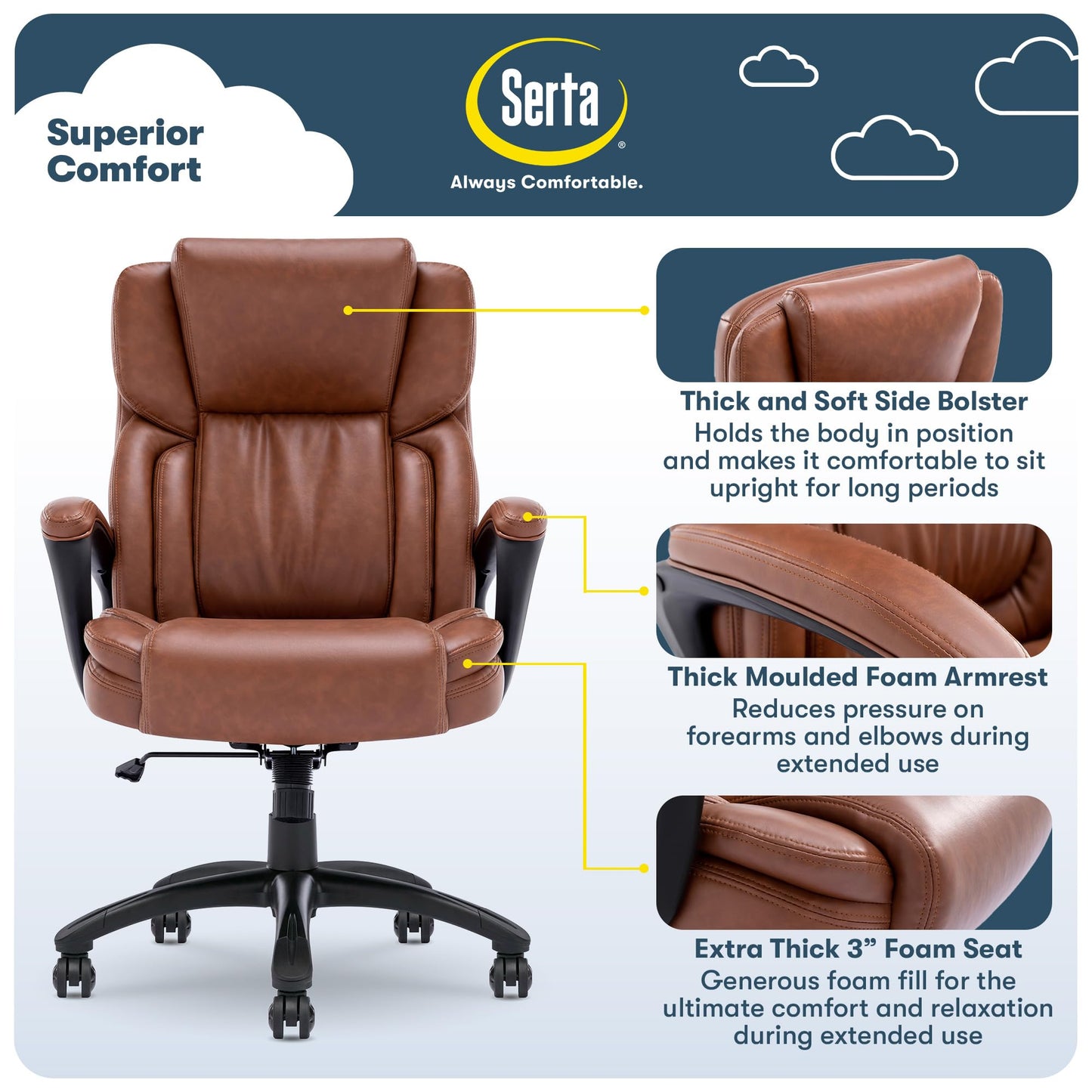 Serta Garret Executive Office Chair, Ergonomic Mid-Back with Lumbar Support, Semi-Plush Cushion and Body Pillows, Padded Armrests, Swivel Base, Bonded Leather, Cognac