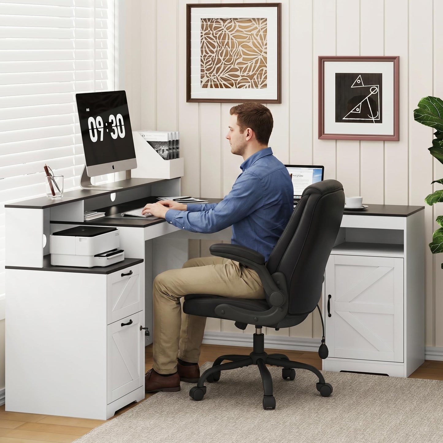 MALOL 63" Farmhouse L Shaped Executive Desk, Corner Computer Desk with Drawers & Storage Shelf, Home Office Desk with Power Outlet, Monitor Stand, Wood Grain Desktop, White & Black