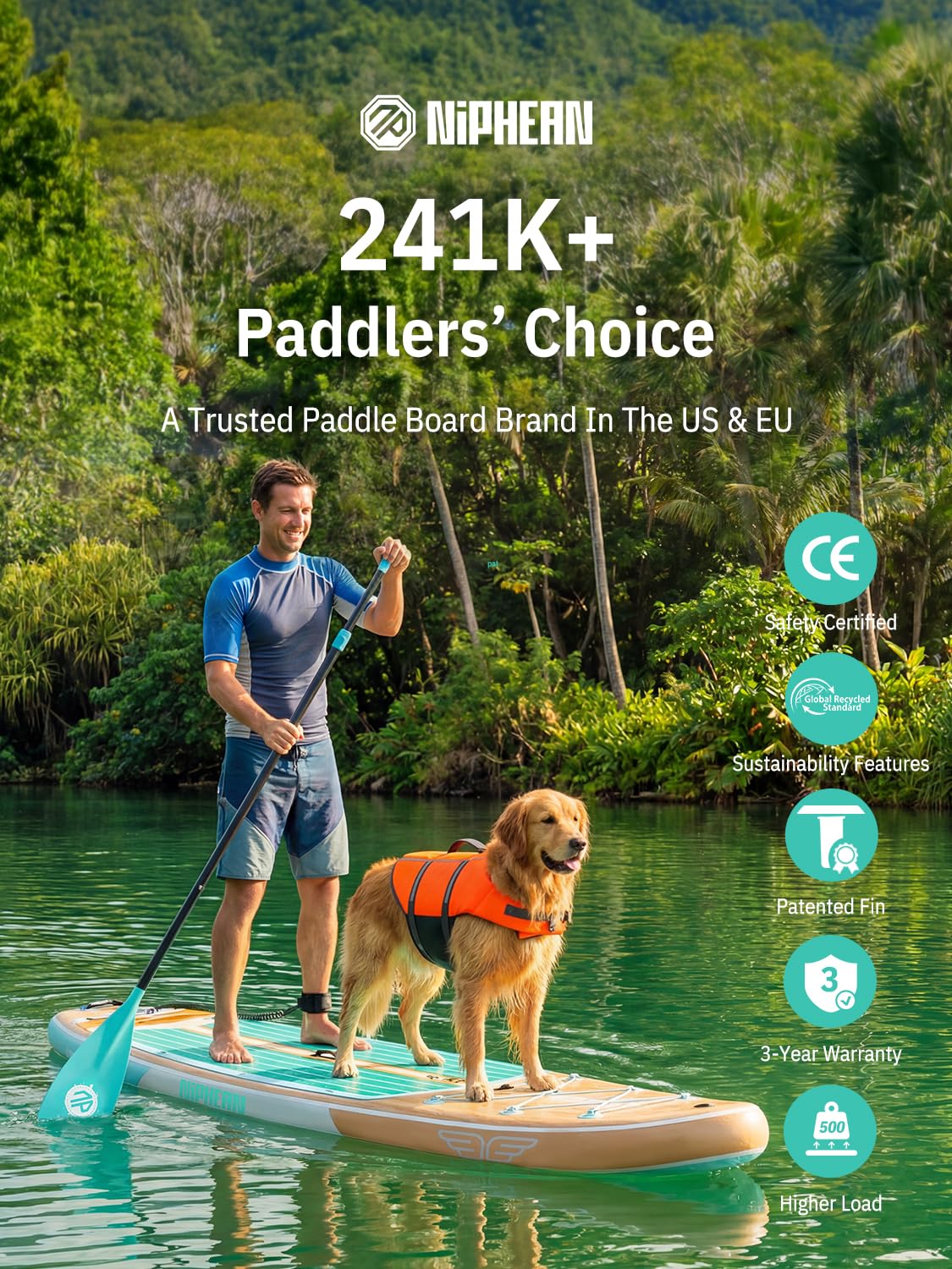Niphean (Extra Large) Inflatable Paddle Board, SUP for 2+1 People/Family 500lbs Capacity Stand Up Paddle Board with SUP Accessories, StabilTrac Fin Non-Slip Paddleboard for Adults-Mint