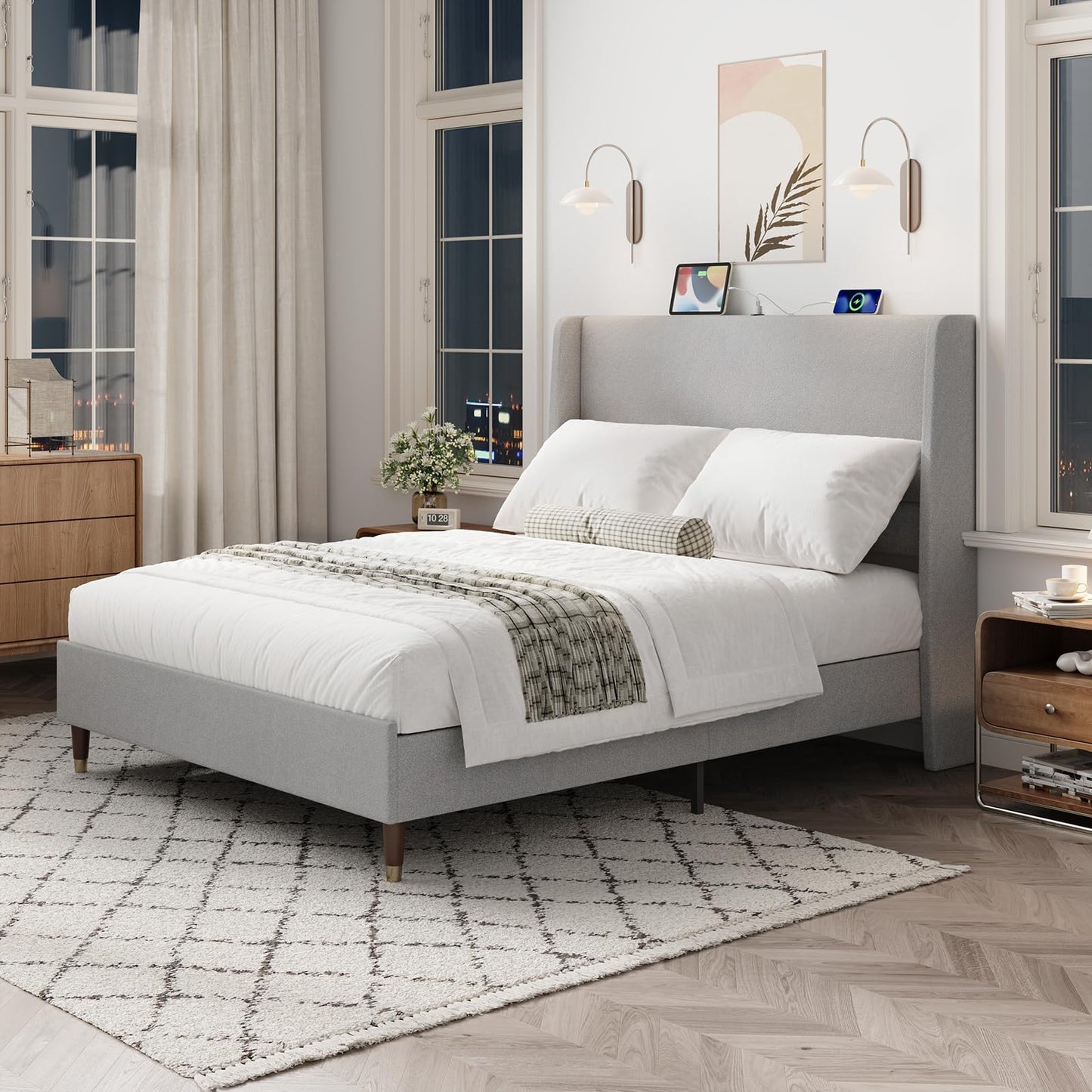 MALOL Queen Bed Frame with Upholstered Linen Headboard, Platform Bed with USB Charging Ports, Sturdy Metal Frame, No Box Spring Required, Quiet Noise-Free Modern Bedroom Furniture, Grey