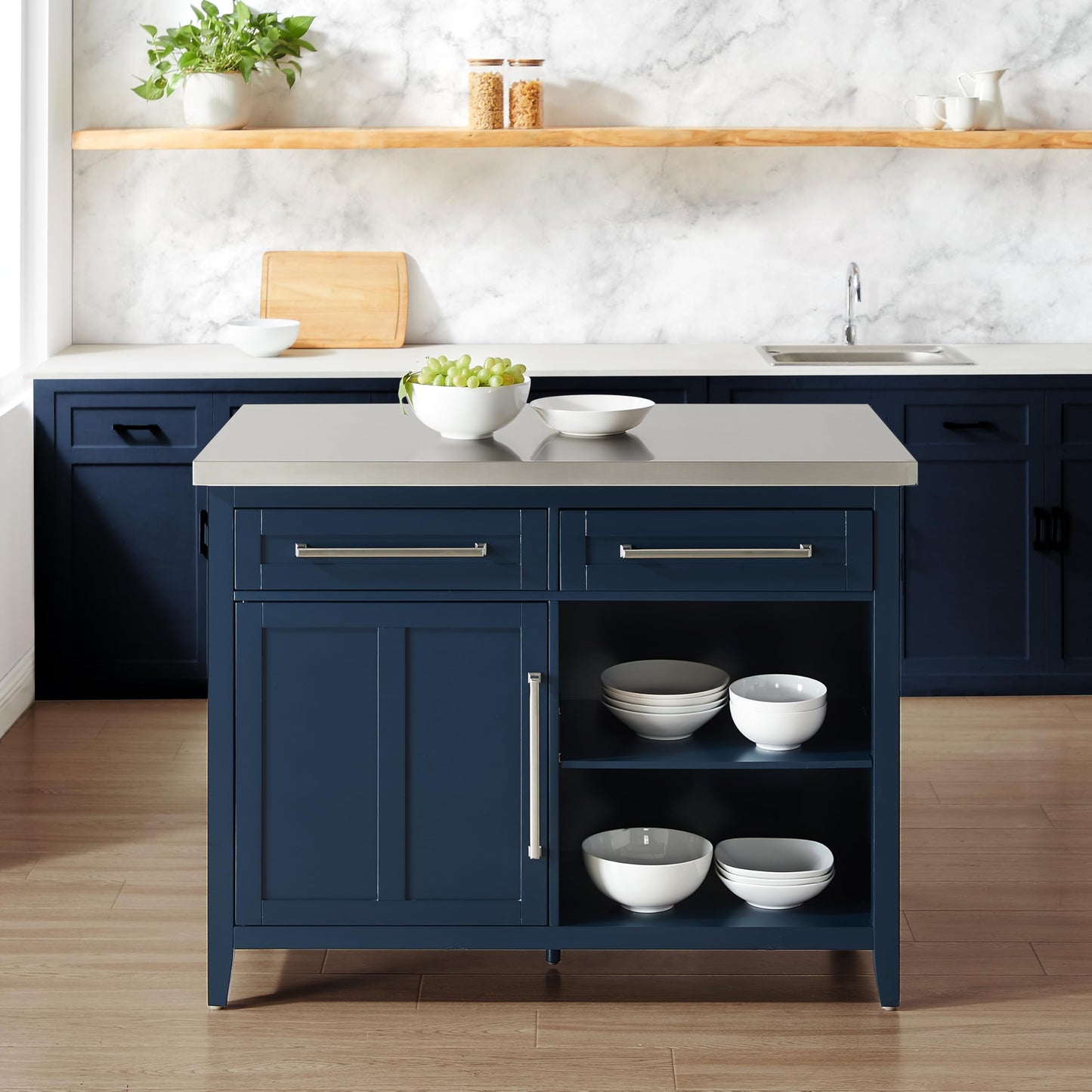 Crosley Furniture Silvia Stainless Steel Top Kitchen Island, Microwave Stand, Coffee Bar, with Shelves, Navy/Stainless Steel