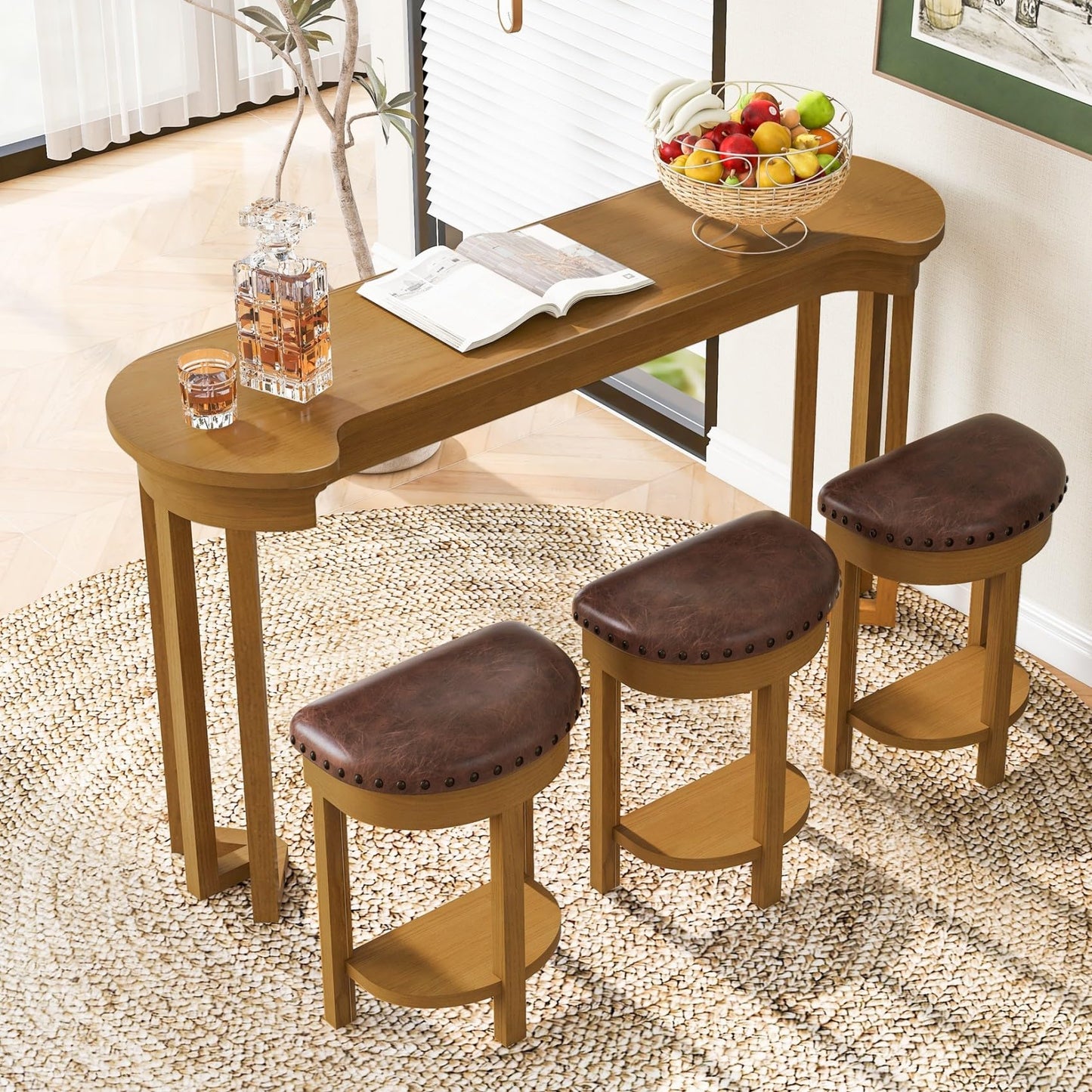 KEIKI 60" Solid Pine Wood Bar Table Set with 3 PU Stools Chairs, Long Bar High Top Dining Table & Upholstered Stools, Behind Couch Sofa Counter Height Pub Table for Breakfast, Kitchen Living Room