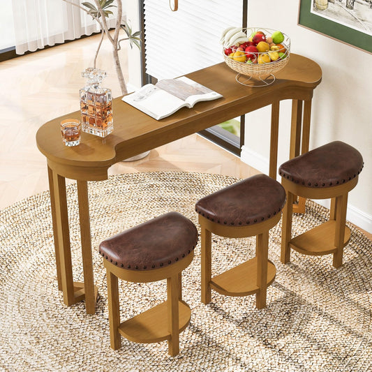 KEIKI 60" Solid Pine Wood Bar Table Set with 3 PU Stools Chairs, Long Bar High Top Dining Table & Upholstered Stools, Behind Couch Sofa Counter Height Pub Table for Breakfast, Kitchen Living Room