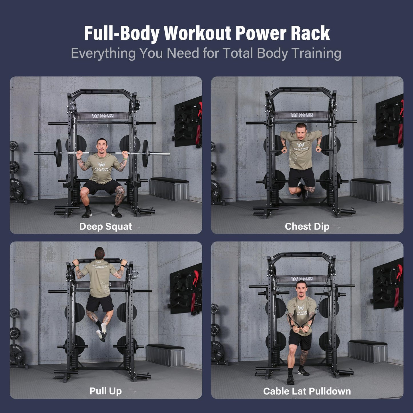 Major Fitness Drone2 Premium Smith△ Machine, All-in-One Home Gym Squat Rack with Aluminum Pulley Set, Weight Bar (BK D2AW Package(with Black Bench+230lb))