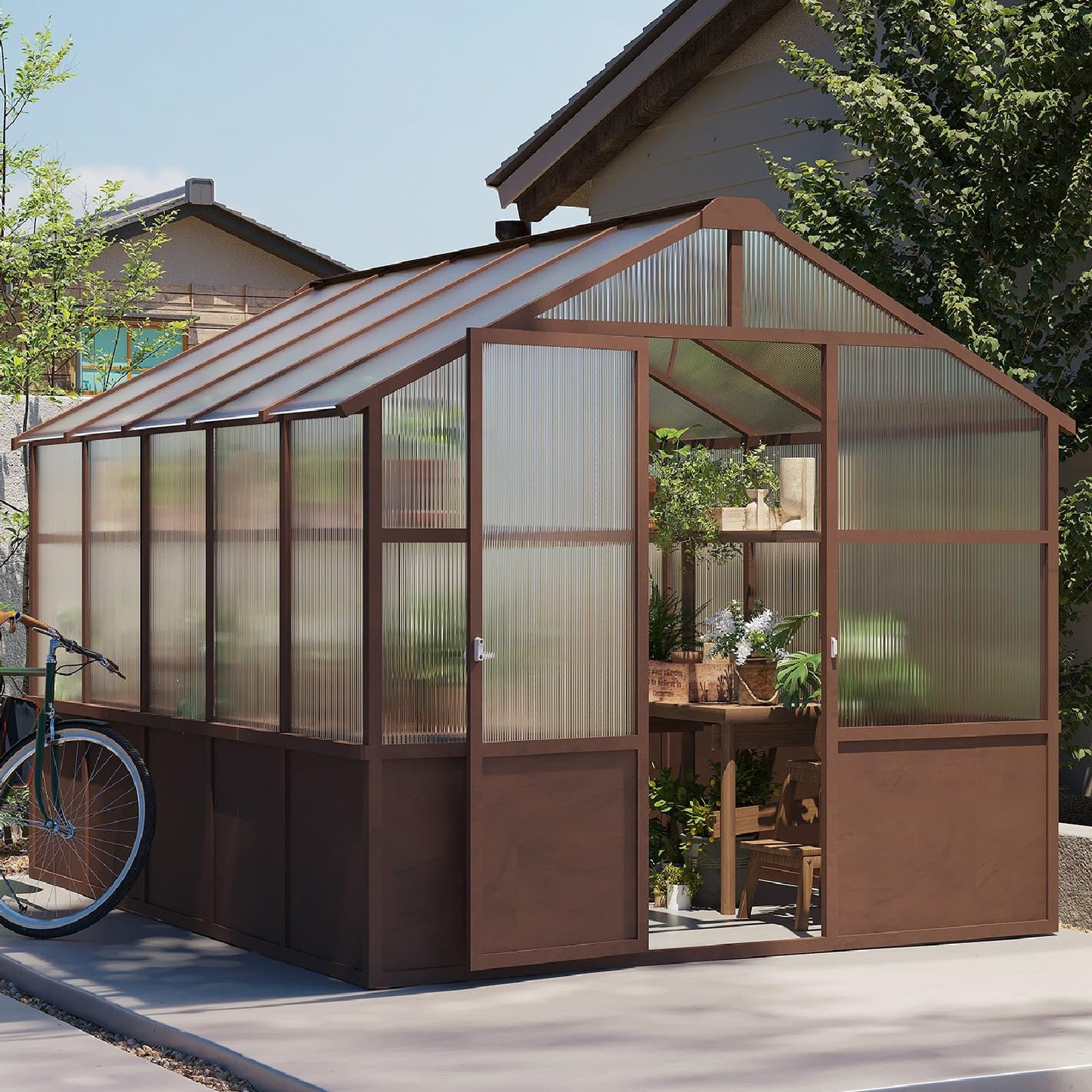 KEIKI 8x10 FT Greenhouse Outdoor, Thick Polycarbonate Greenhouses with Wood Frame, Walk-in Gardening Green House for Outside Patio Backyard, Lockable Door & Ajustable Roof Vent, Easy Assembly, Walnut