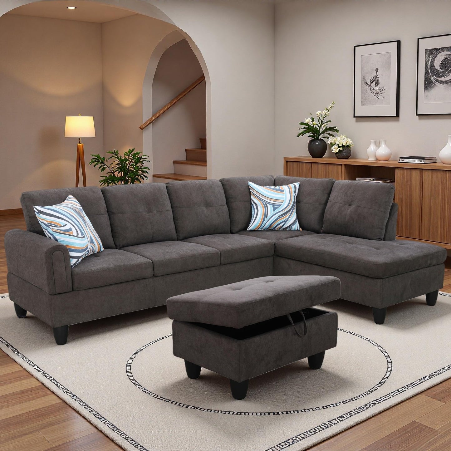 Topcomfy 97.5" L Shaped Couch Set, Modular Sectional Couches for Living Room with Storage Ottoman, 4 Seat Home Sofa Living Room Furniture Sets with Chaise for Apartment Office (Linen, Dark Brown)