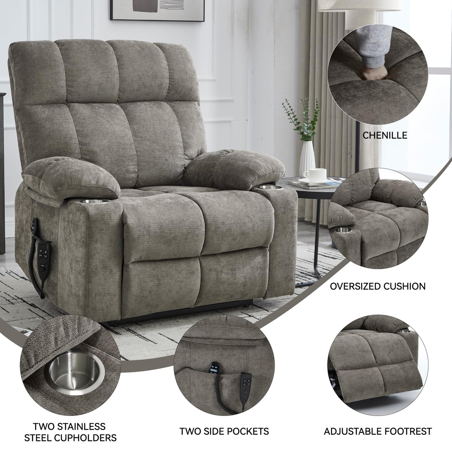 Dual Motor Power Lift Recliner Chair with Heat and Massage, Infinite Position Lift Chair, Oversized Chenille Recliner with 8-Point Vibration, Cup Holders and Side Pockets for Living Room, Brown
