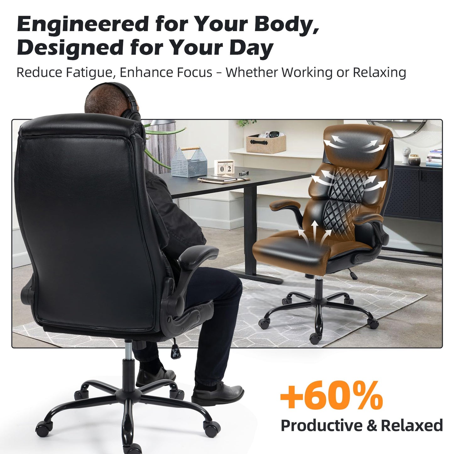 Office Chair - Ergonomic High Back Computer Desk Chair with Rocking Function & Lumbar Support - Executive Comfortable Wide Swivel Rolling Office Leather Chair with Flip-up Armrests for Home Gaming