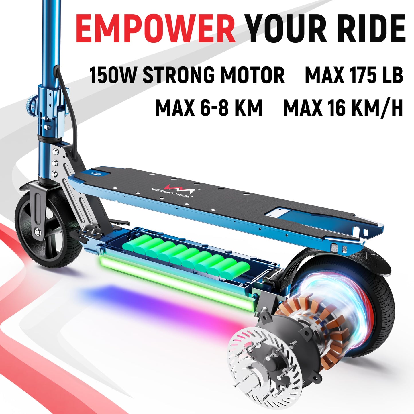 WEELMOTION Foldable Electric Scooter for Kids, with Head Lights, Bright Front Bar Lights, Shining Pedal, LED Display, Dual Brakes 150W Motor Kids Electric Scooter, UL2272 Approved Blue