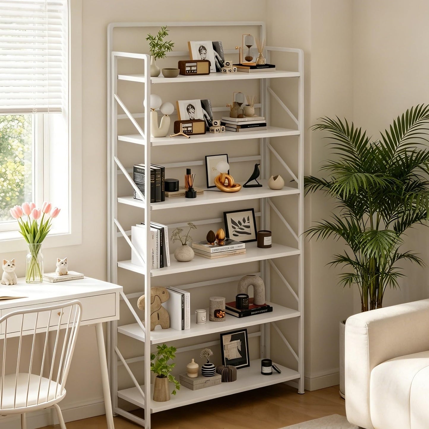 JSB 6 Tier No Assembly Folding Bookshelf, 30.3" Wide Foldable Storage Bookcase for Home Office, Space-Saving Storage Shelf for Living Room (All White)