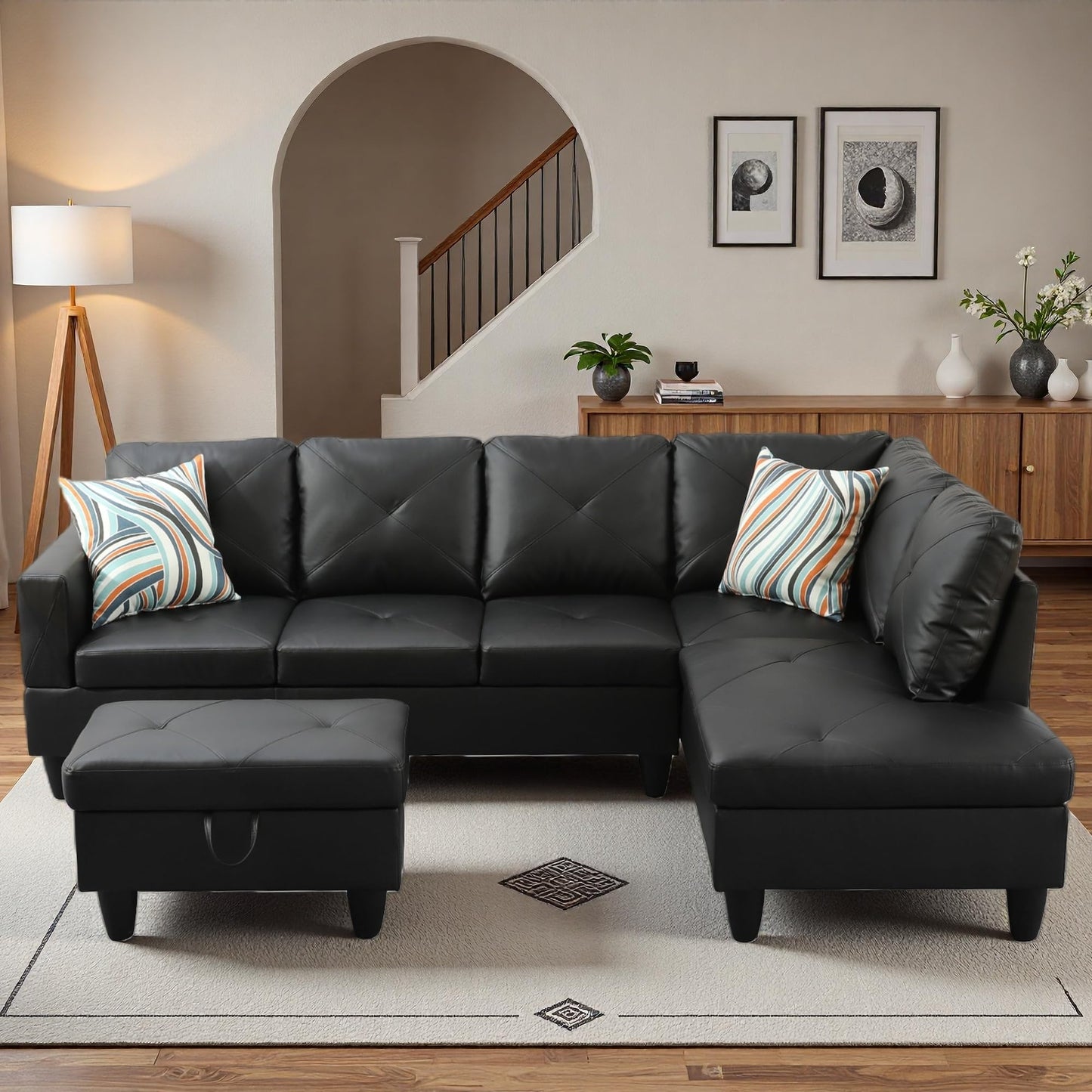 Topcomfy 97.5" L Shaped Couch Set, Modular Sectional Couches for Living Room with Storage Ottoman, 4 Seat Home Sofa Living Room Furniture Sets with Chaise for Apartment Office (Faux Leather, Black)
