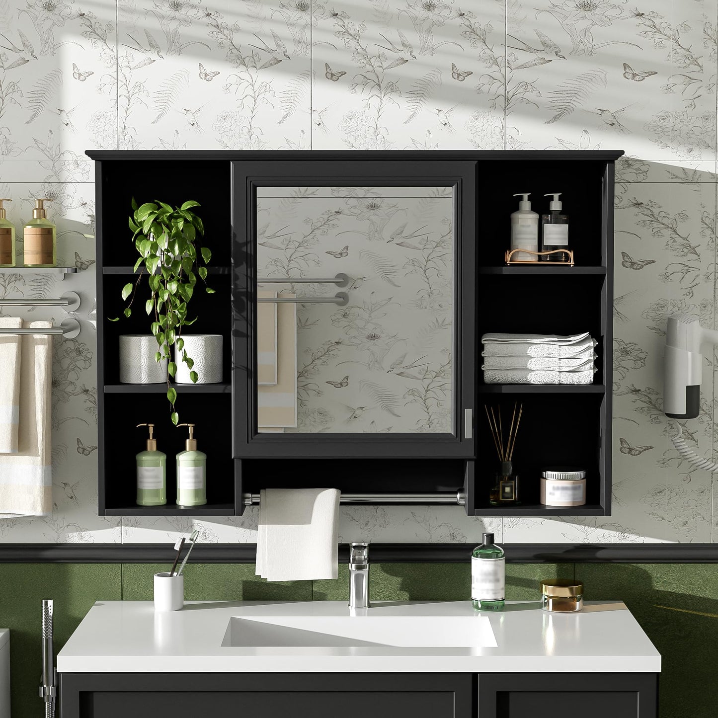 Merax 3-in-1 Bathroom Mirror Cabinet, 42 inch Wall Mounted Medicine Cabinet with Adjustable Shelf & Soft Close Door, High-Define Mirror with Storage for Bathroom Vanity,Black