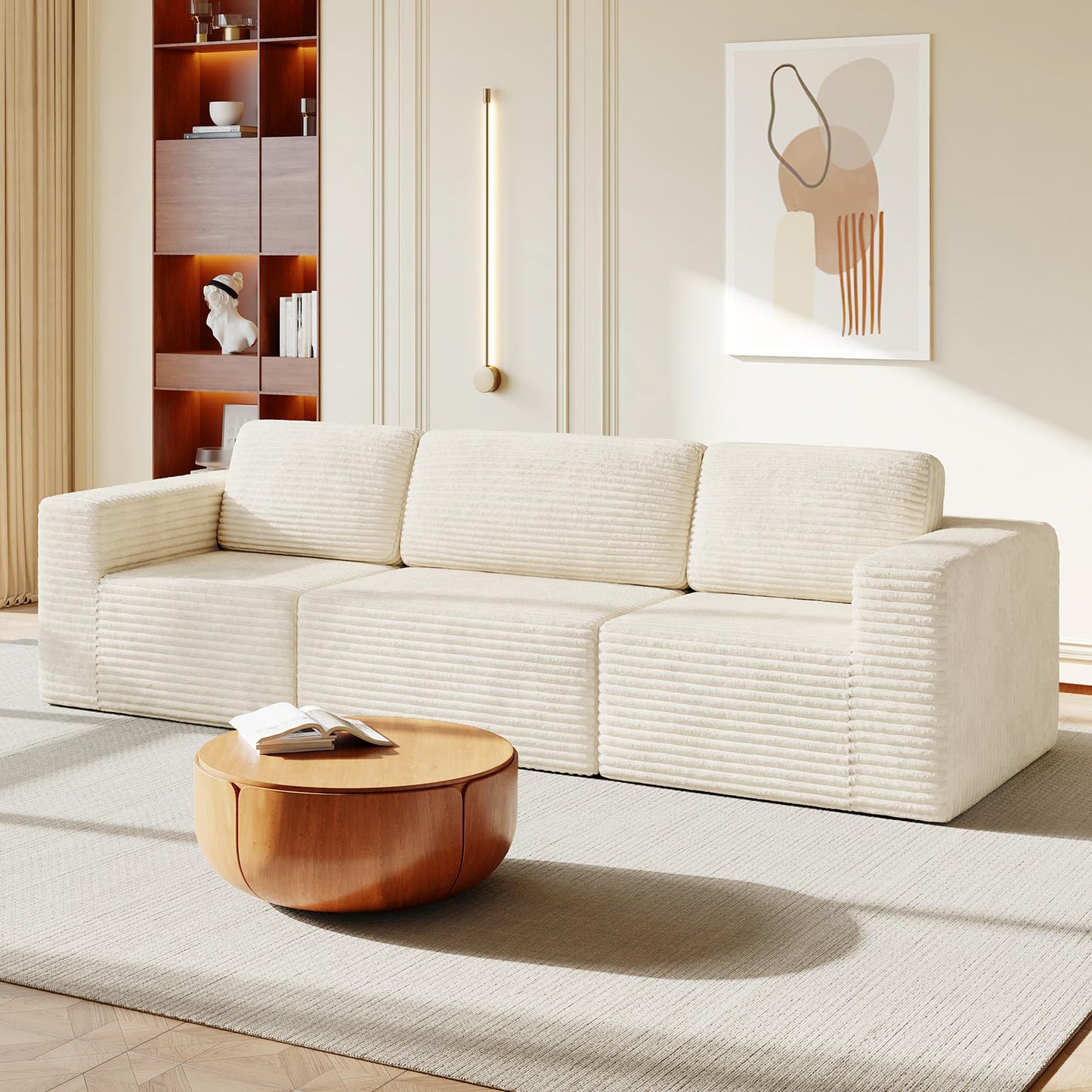 119" Modular Sofa Set, Corduroy Cloud Sectional Couch with Extra Deep Seating & Reinforced Spring System, Compact 3-Seater Boneless Sofa for Living Room & Apartment Spaces, Tool-Free Setup, Beige