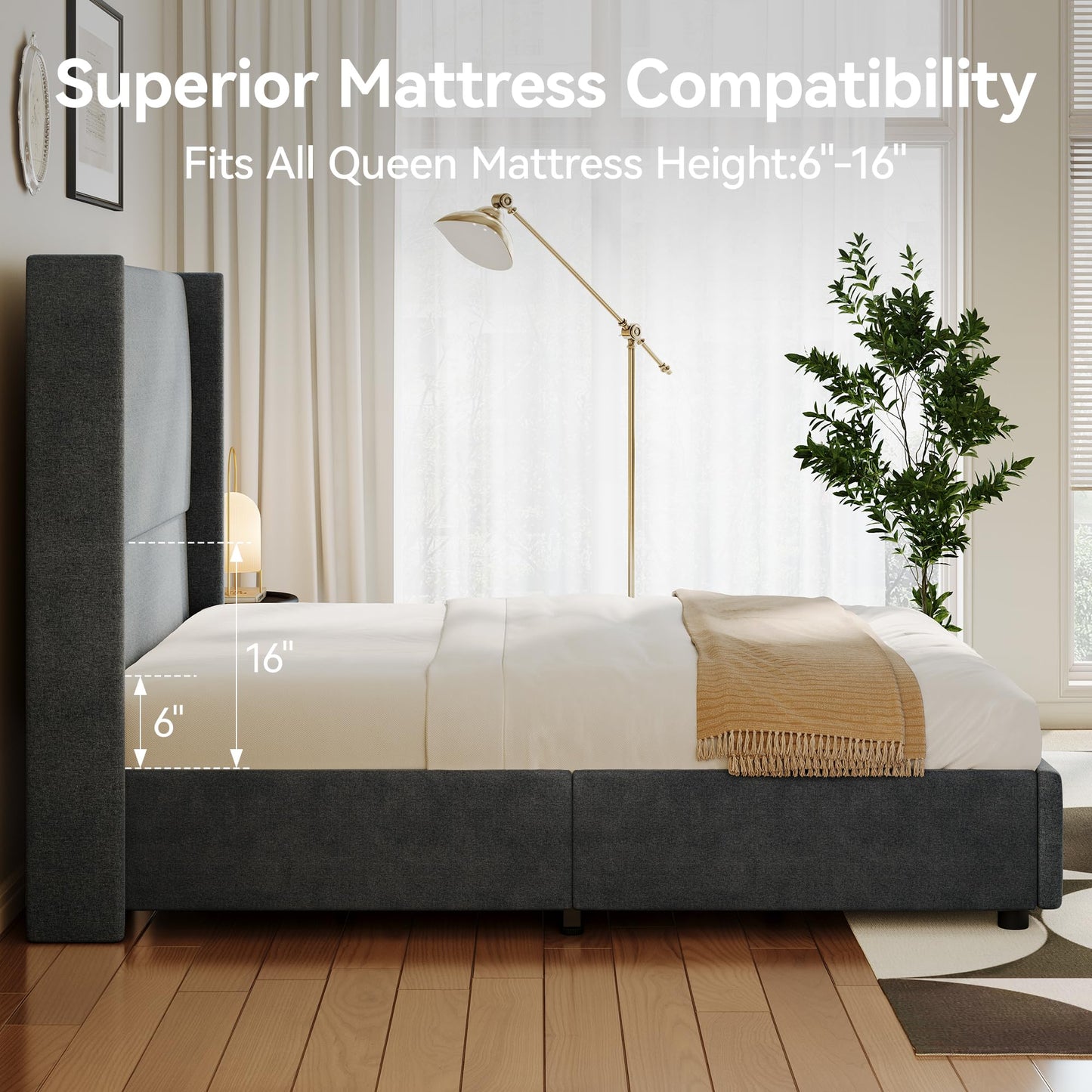CarterChairr Queen Size Bed Frame Linen Fabric Upholstered Platform with 55.51" Tall Headboard Wingback and Wooden Slats Support, Non-Slip, No Box Spring Needed, Easy Assembly, Beige