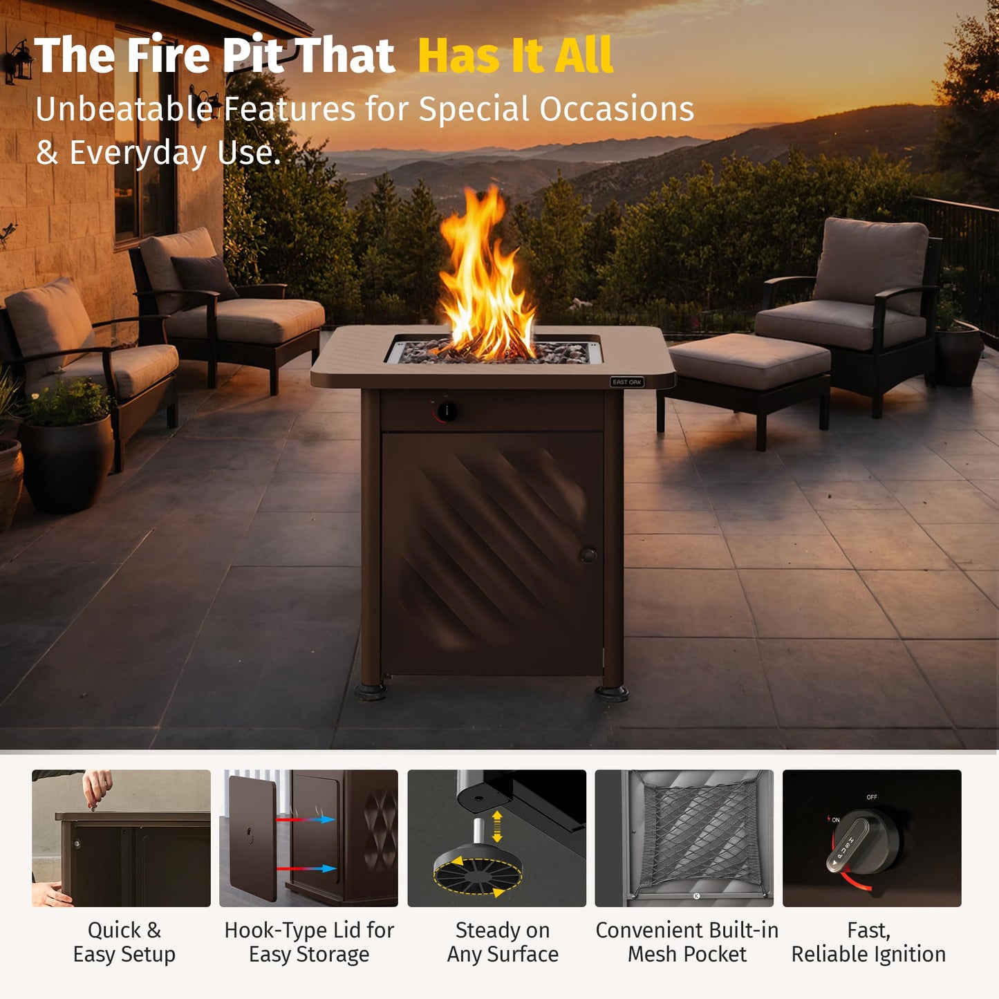 East Oak 28” Outdoor Propane Fire Pit Table | 52,000 BTU Gas Fire Pit for 2-4 People with Space-Saving Hock Lid, Mesh Pocket & Lava Rocks | CSA Certified Safe for Patio, Deck, Backyard, Brown