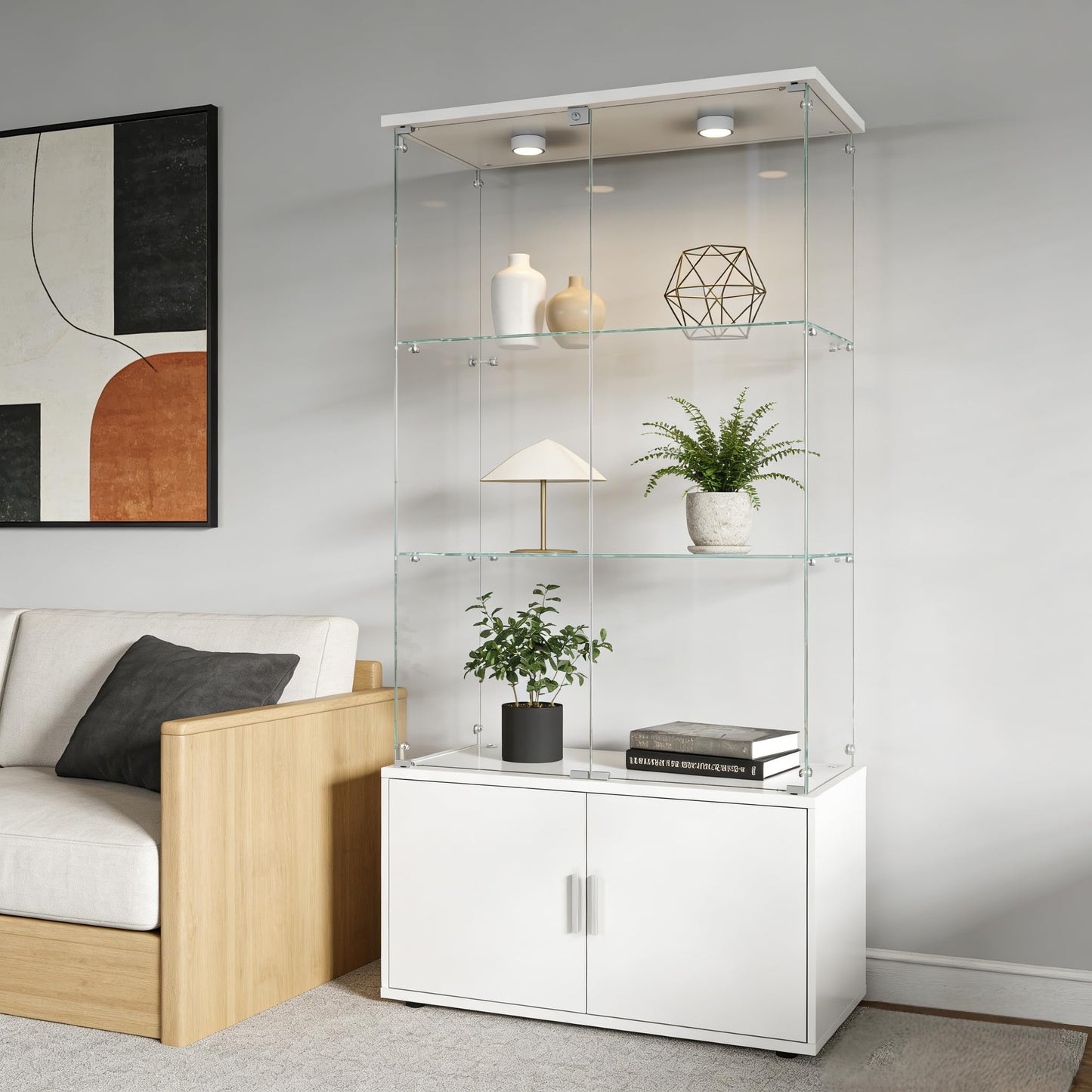 KEIKI Tempered Glass Display Cabinet, 4-Tier Tall Storage Case with Lockable Doors & Light, Modern Wall Curio Shelf Cabinet, Wine Rack for Bar Liquor Collectibles, Adjustable Feet, White