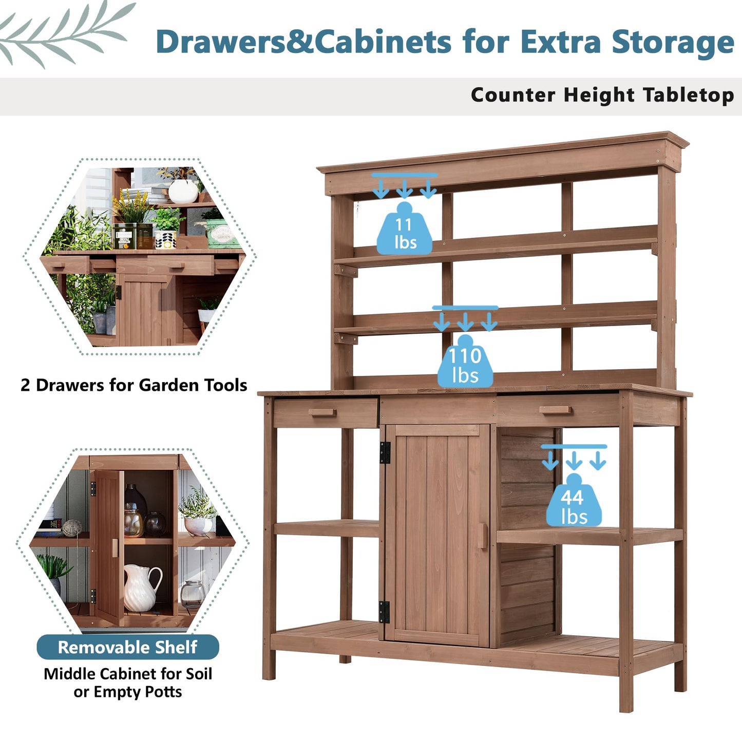 Outdoor Wooden Potting Bench Table – Farmhouse Garden Workstation with Drawers, Cabinet & Storage Shelves, Large Fir Wood Work Table for Patio, Backyard, Mudroom, Greenhouse (Dark Brown, 66'' H)