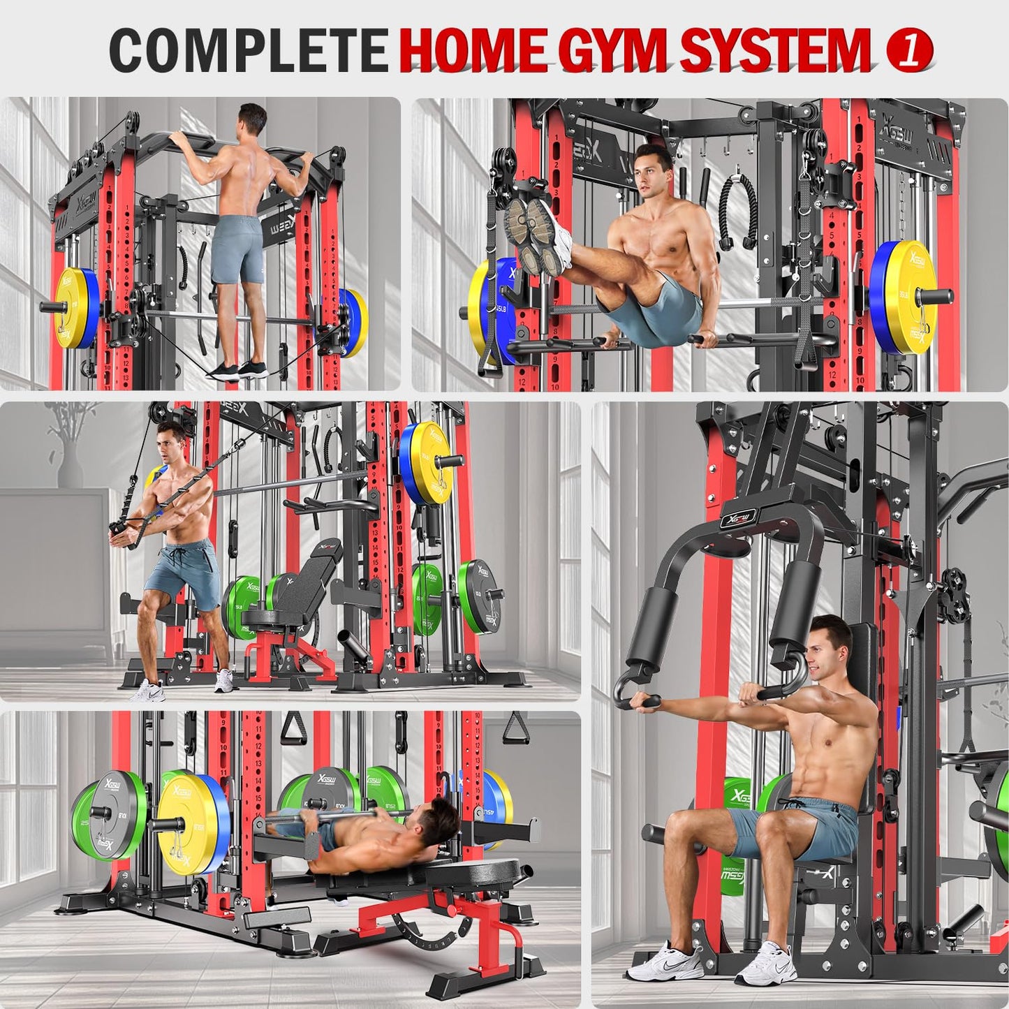 Smith Machine with Cable Crossover System, Multi-Function Power Cage Squat Rack for Home Gym, Power Rack and Packages Weight Sets. (Red, L06-Smith Machine+Weight Bench)
