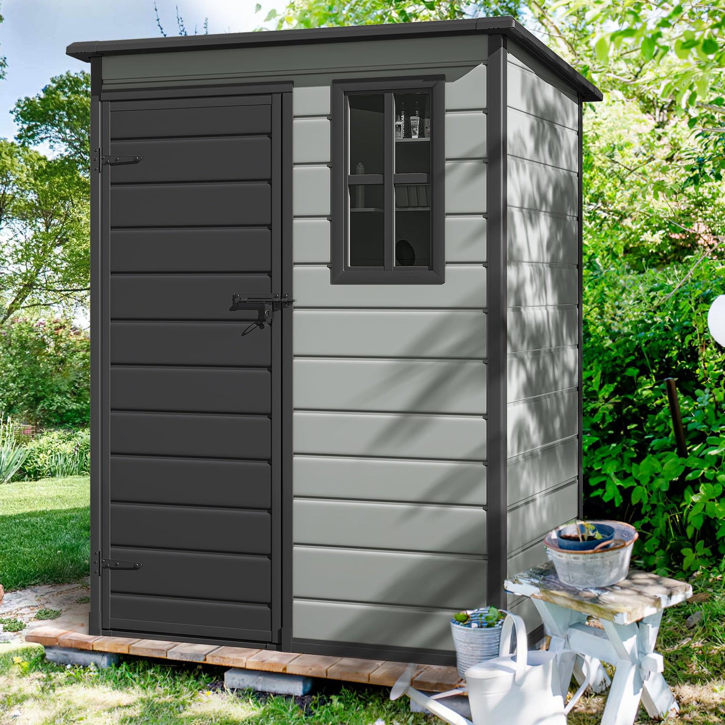 DWVO 5x3ft Resin Outdoor Storage Shed with Floor, Waterproof Lockable Storage Shed with Window, Plastic Outside Tool Storage for Garden, Backyard, Patio, Lawn,Blue-Gray+Black