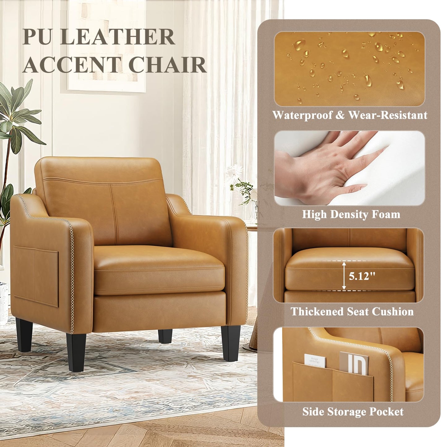 MALOL PU Leather Accent Chair Set of 2, Mid-Century Modern Living Room Armchair Sofa with Removable Cushions, Solid Wood Frame & Stitched Armrest Design, Bedroom Chair with Plastic Legs, Brown