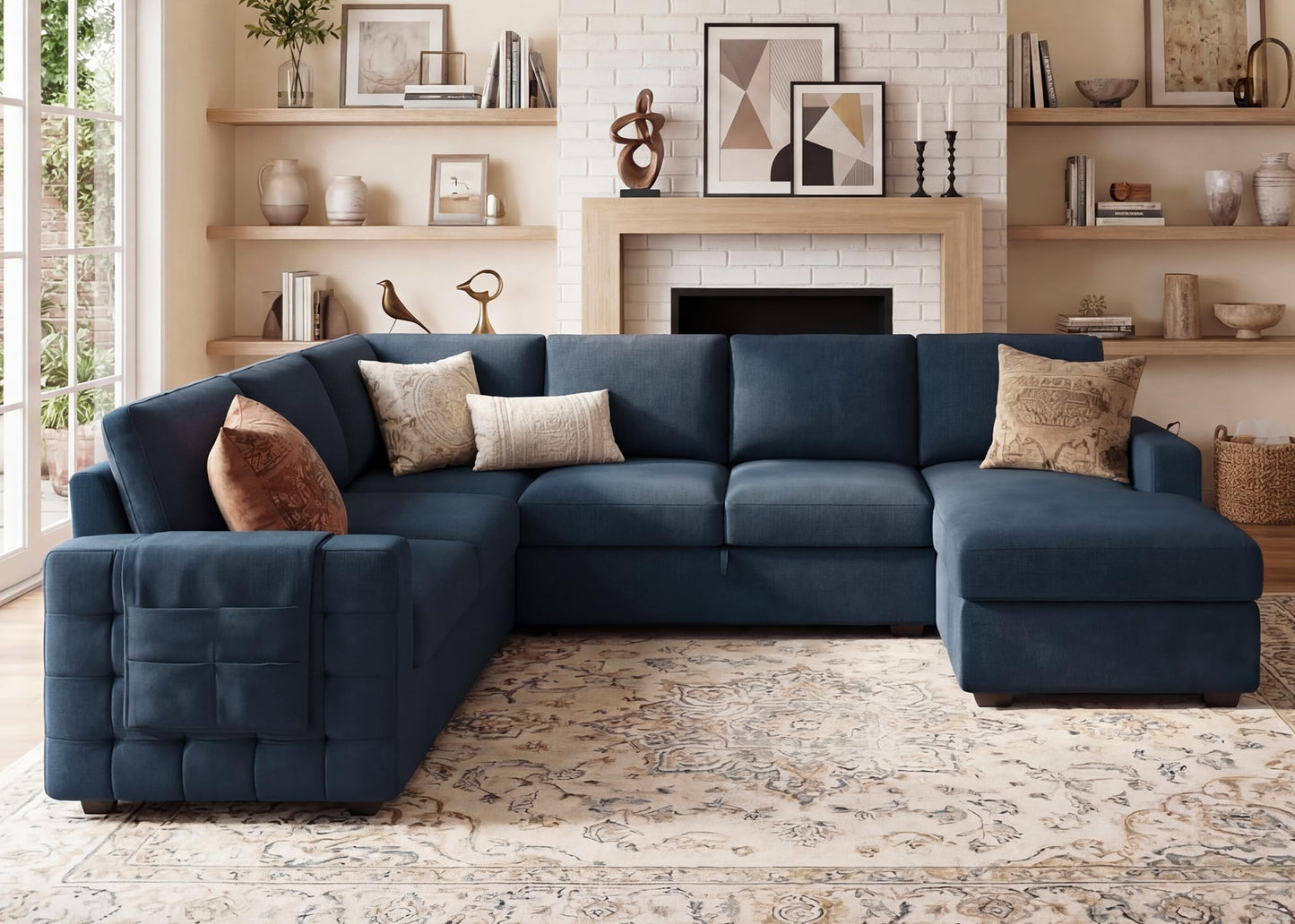 HONBAY Sleeper Sectional Couch with Pull-Out Bed Sectional Sleeper Sofa Pull Out Bed with Storage Chaise, 6 Seaters Couch for Living Room, Velvet Blue