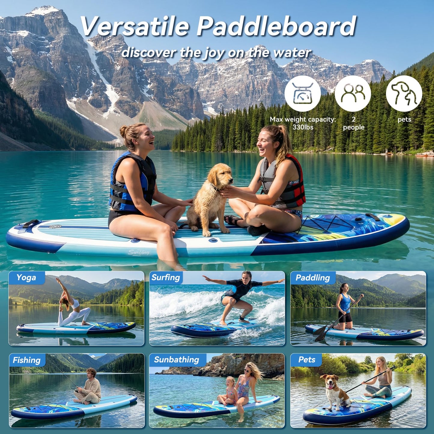 YUSING Inflatable Paddle Board with Seat, 11' x 33'' x 6" SUP, Paddle Boards for Adults, Non-Slip Deck SUP Paddle Board with Premium Kayak and SUP Accessories,3 Removable Fins (Starry Sky Blue)