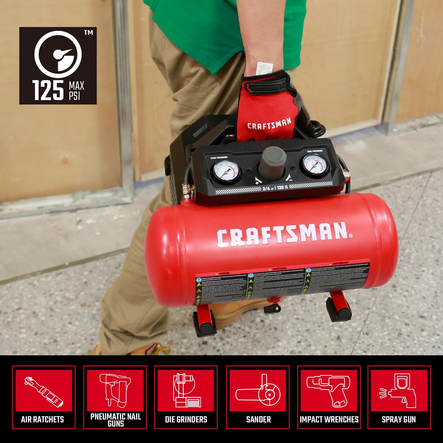 Craftsman Air Compressor 1.5 Gallon Portable, 3/4 HP, 1.5 CFM@90PSI, Max 125 PSI, Oil Free, Lightweight Air Compressor for DIY Workshop, Small Project