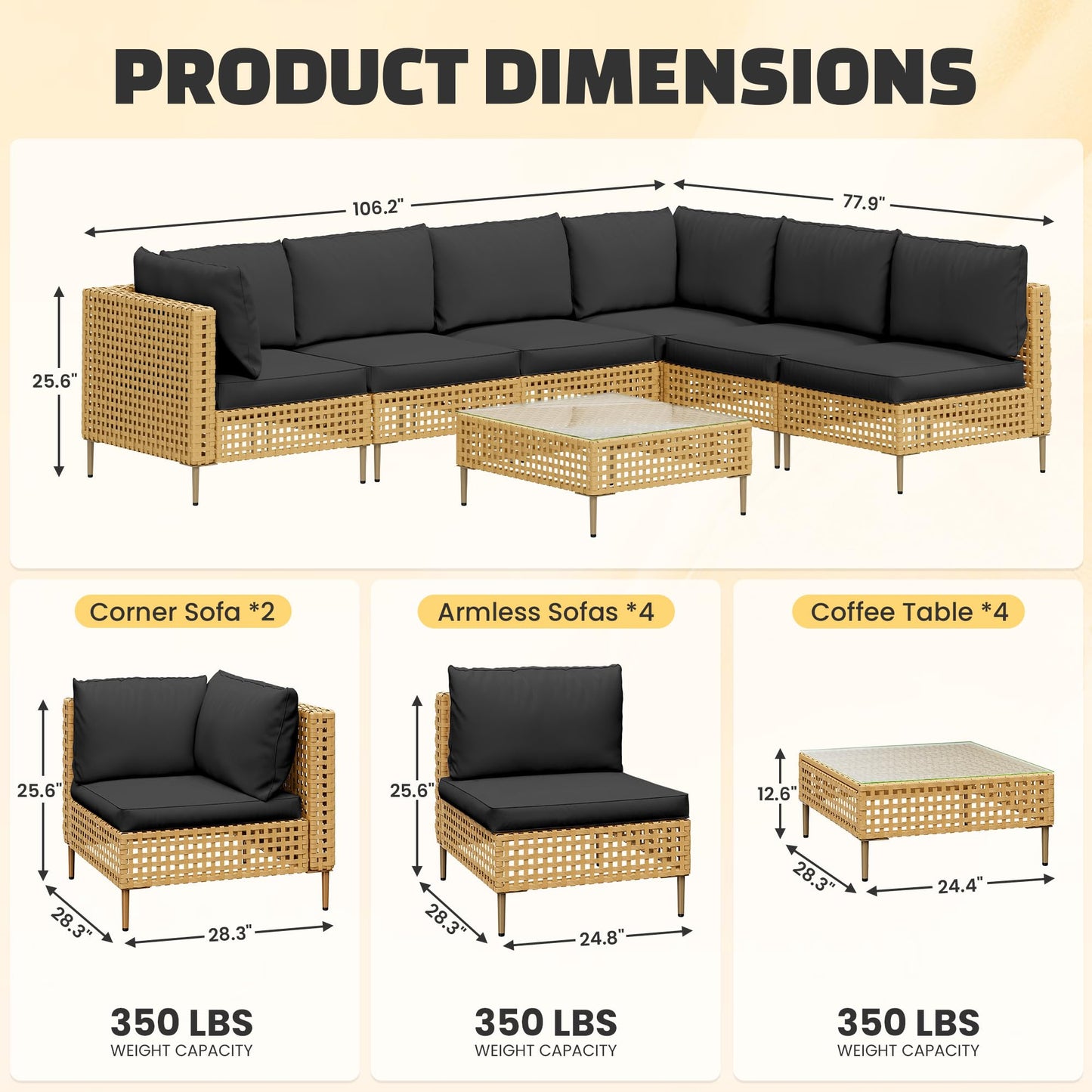 LHBcraft 7-Piece Wicker Outdoor Patio Furniture Set, Outdoor Sectional Furniture, Patio Sofa Sectional Conversation Sets, Handmade Rattan, Water-Resistant Fluffy Cushions and Coffee Table, Black