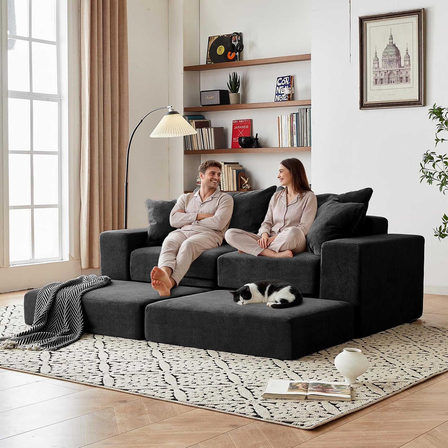 Modular Sectional Loveaeat Cloud Sofa, Boneless Couch with Non Slip Base, Cozy Sleeper Sofa for Customizable Living Spaces, Modern Modular Couch with L-Shape Chaise, Deep Seat & No Assembly, Black