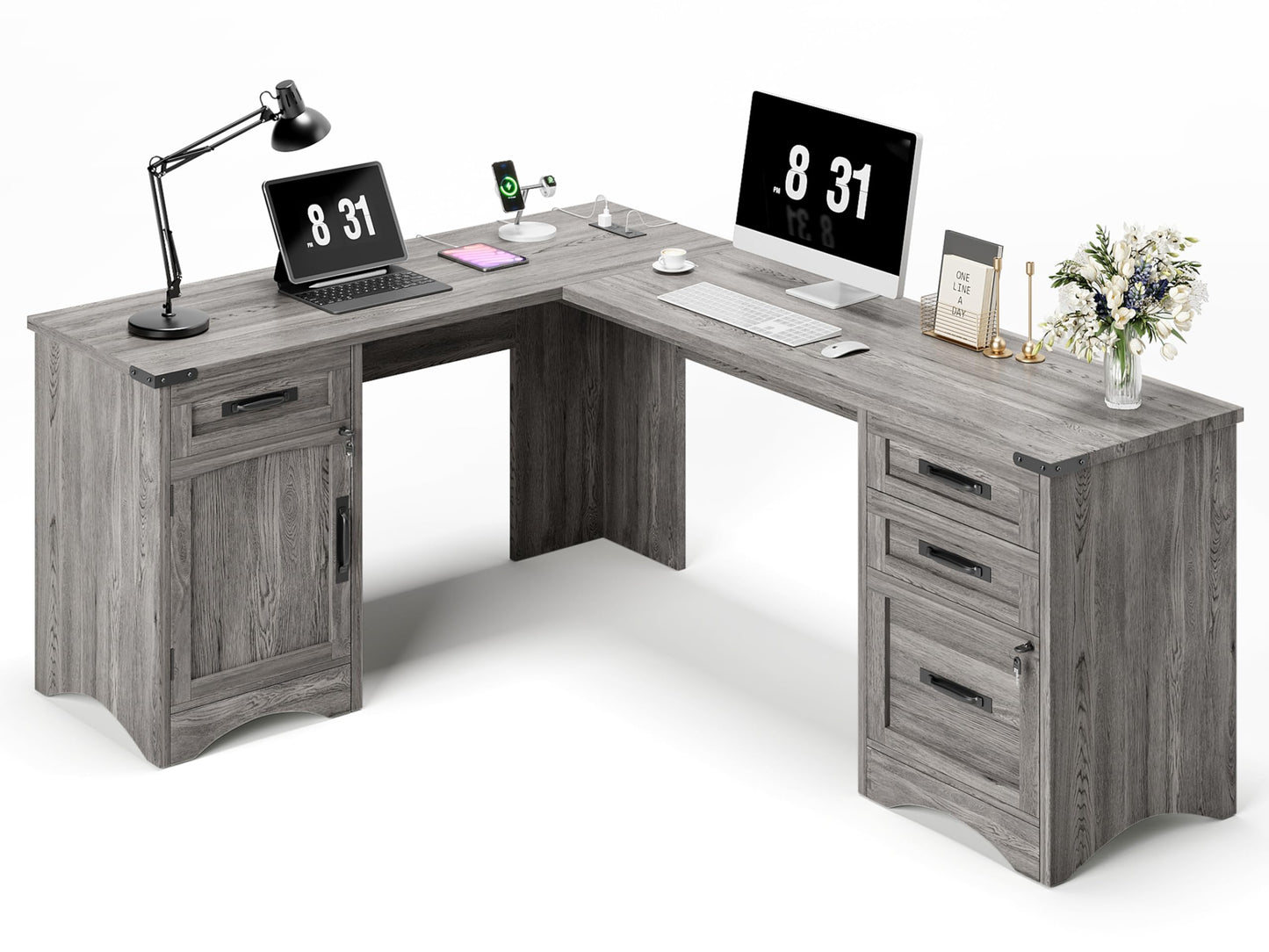 Decofy 67" Farmhouse L Shaped Standing Desk with Drawers Home Office Executive Desks with Fast Charging Station, Lockable File Cabinet, Wood Writing Computer Desk for Work, Study, Grey